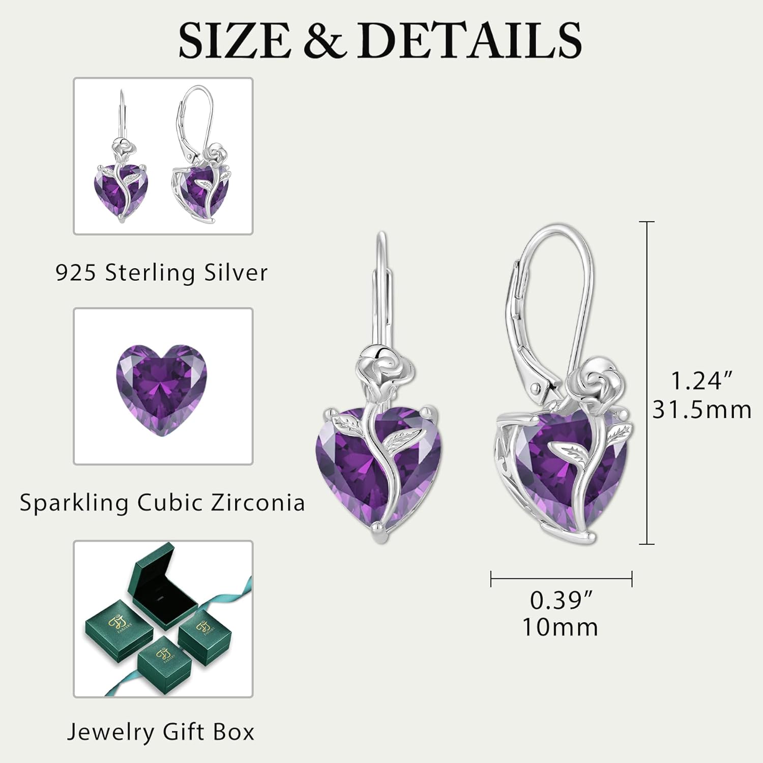 FJ Heart Dangle Drop Earrings 925 Sterling Silver Rose Flower Leverback Earrings Birthstone Jewelry for Women - Image 6