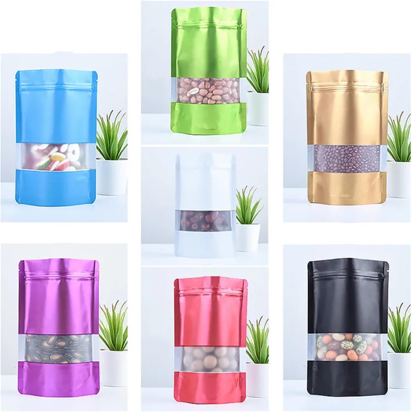 bolsas para chuches 100PCS Stand Up Matte Aluminum Foil Window Ziplock Bag Resealable Snack Beads Cereals Spice Sugar Candy Tea Storage Pouches(Matte purple,16x24x4cm)