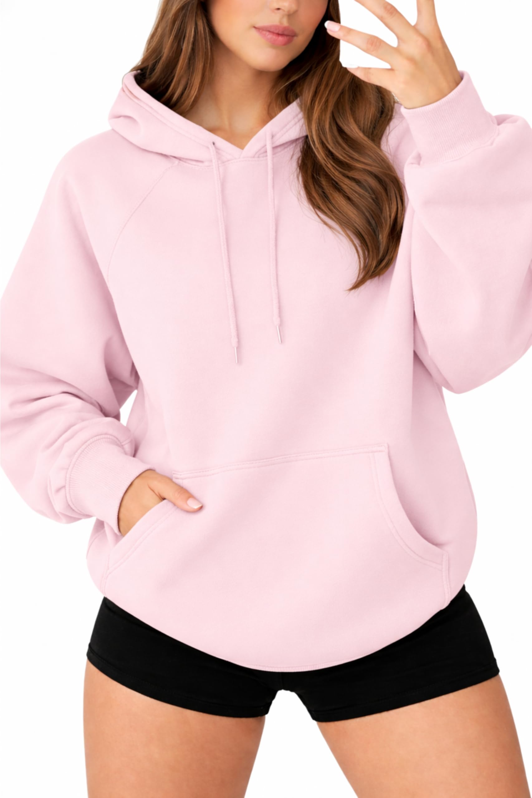 Felpa con cappuccio da donna in pile a maniche lunghe da donna, con cappuccio, oversize, morbida e calda, con tasca frontale, con coulisse, per donne nel Regno Unito, Rosa confetto, L