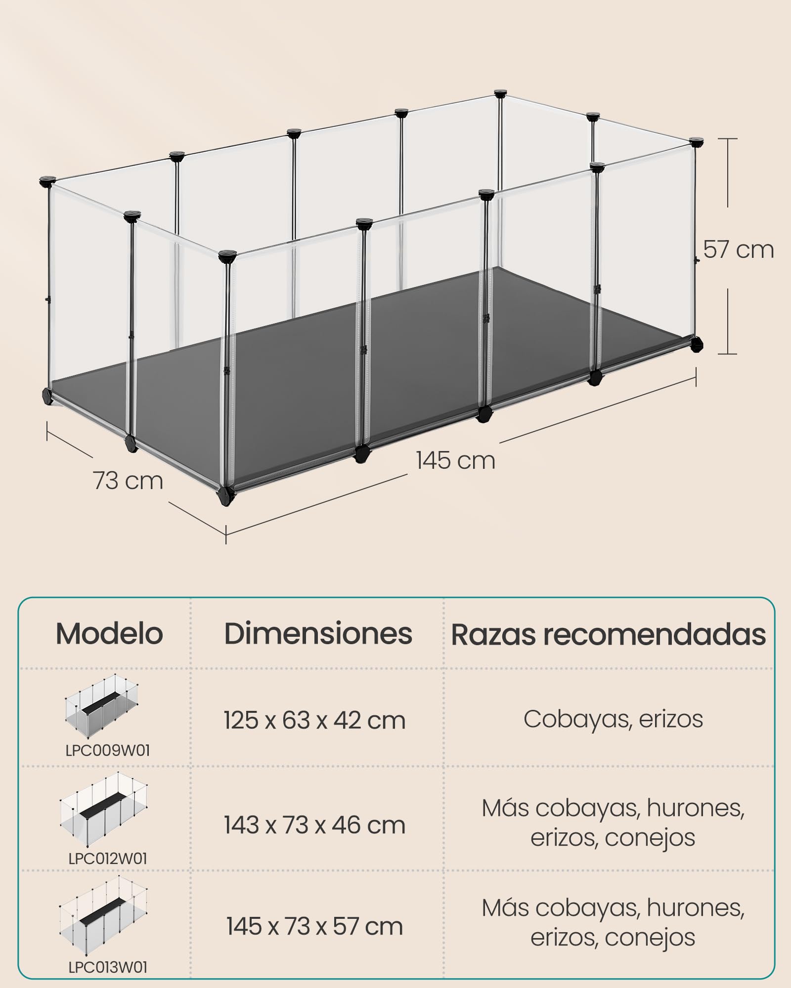 SONGMICS Parque para Mascotas con Suelo y Alfombra Impermeables y Extraíbles, Valla para Animales Pequeños, para Hámsteres, Conejos, Erizos, Cobayas, 145 x 73 x 57 cm, Blanco LPC013W01