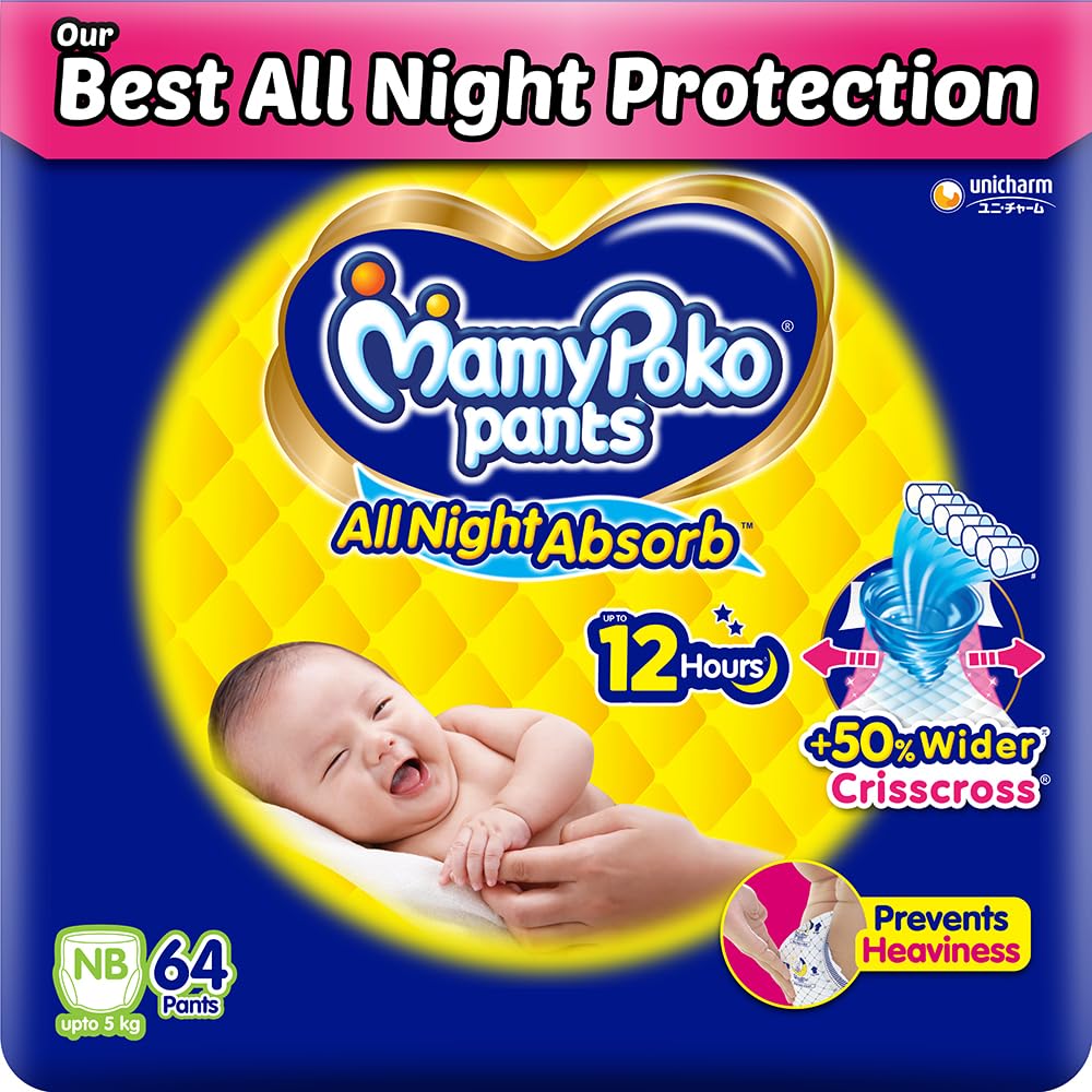 Mamypoko pants All Night Absorb| Pant Style Baby Diapers New Born Size(XS), 64 Count, Ideal for upto 5Kgs|+50% wider and repeated absorption for all night 12hr protection from leakage, prevents heaviness.