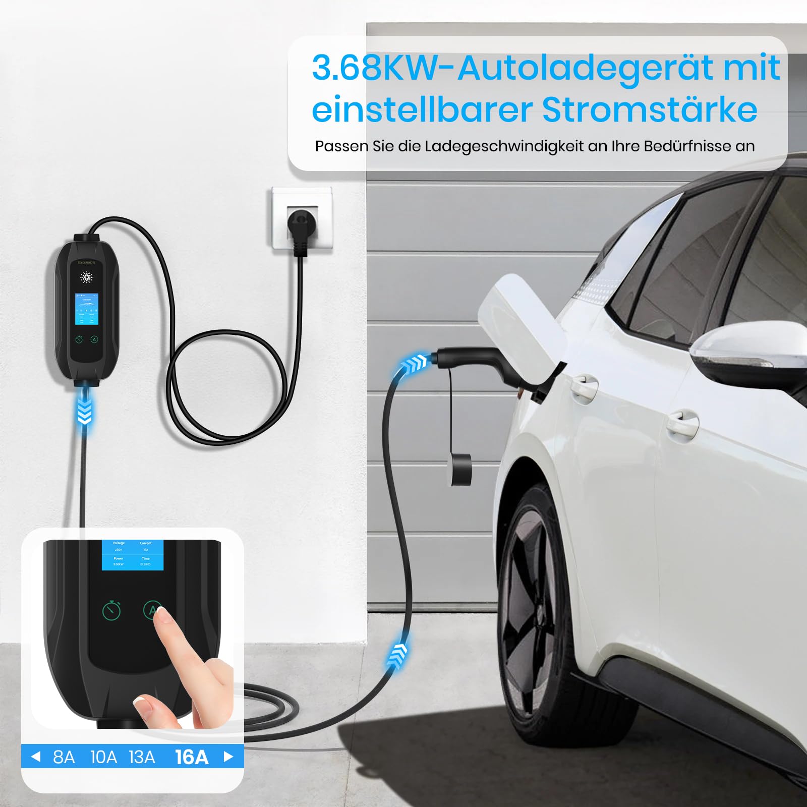 Mobile Wallbox 3.68KW Typ 2 Ladekabel, 5M|1-Phasig Ladekabel mit Schuko Stecker, 6-16A Tragbare EV Ladegerät mit Einstellbarer Ladeleistung, EV Charger Wallbox für Elektroauto & Hybrid (PHEV/EV)