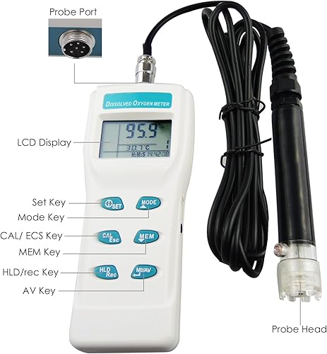 Miniatura 4 de Gain Express Medidor de oxígeno disuelto con electrodo Medidor de DO portátil Probador de calidad de agua con pantalla LCD grande Función de memoria
