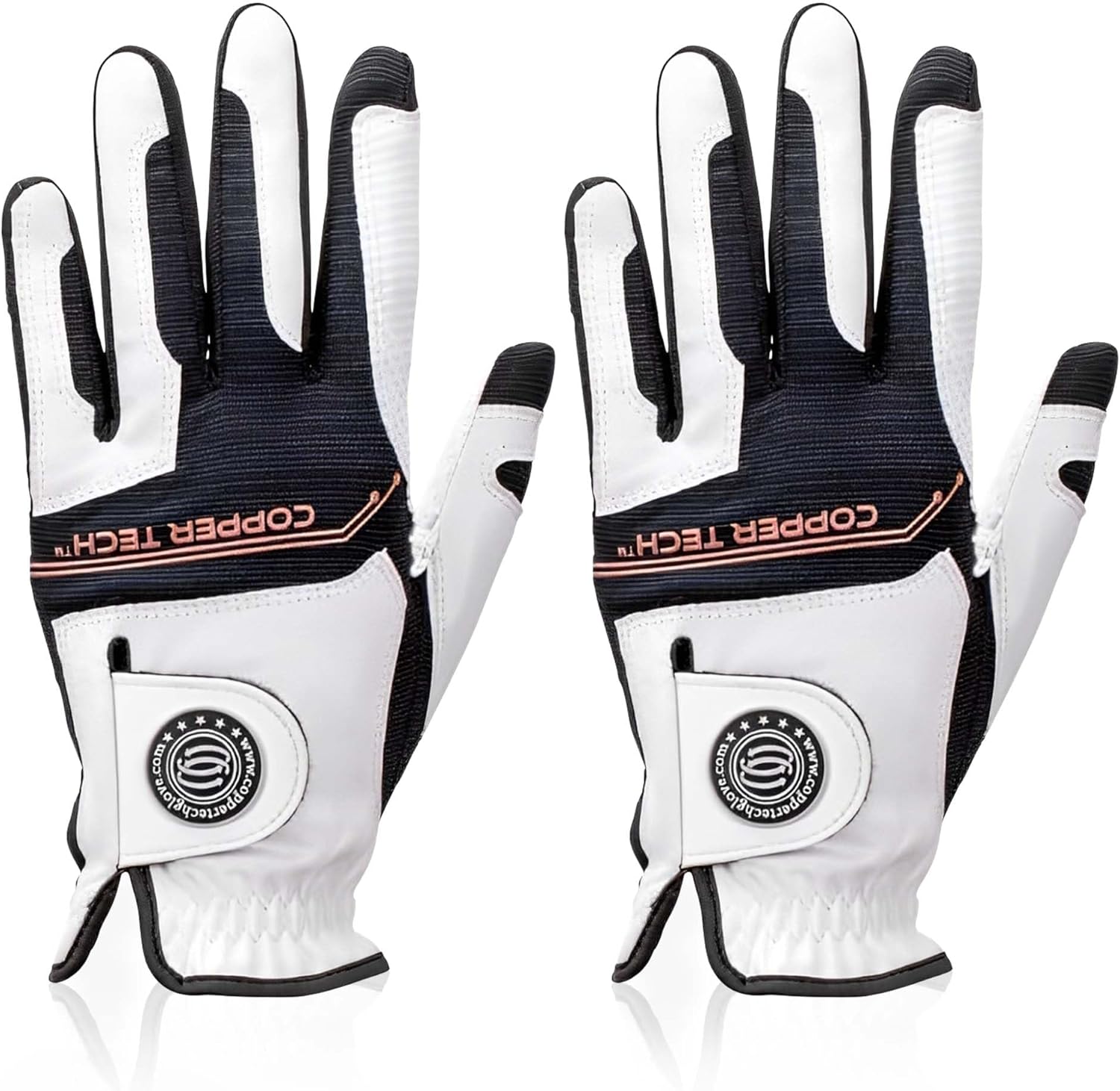 Copper Infused Golf Glove for Men – White/Black – 2 Pack – Compression Fit, Arthritis Relief, Non-Slip Grip – USGA Approved