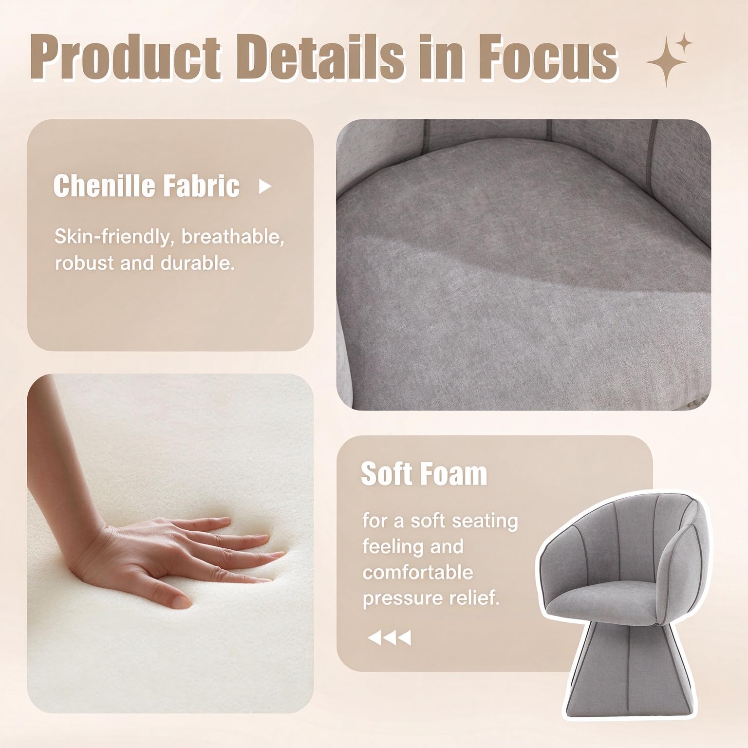 Fauteuil Pivotant en Chenille Gris, pour Le Salon Et La Chambre