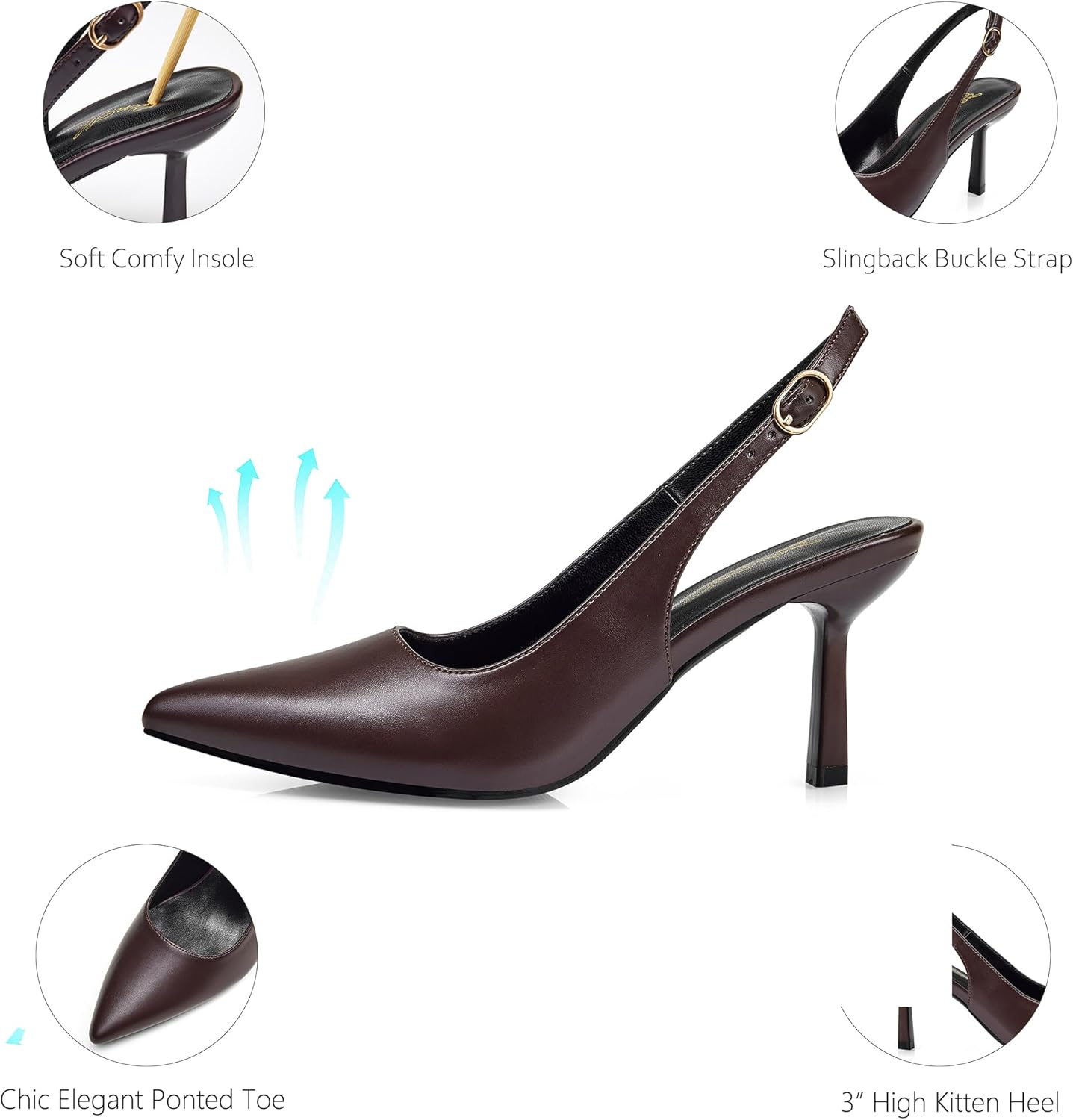 GENSHUO Kitten Heel Slingback Pumps, Women's Closed Pointed Toe 3 Inch High Shoes with Buckle Strap, Dressy for Work Office Wedding Party Occasions - Image 3