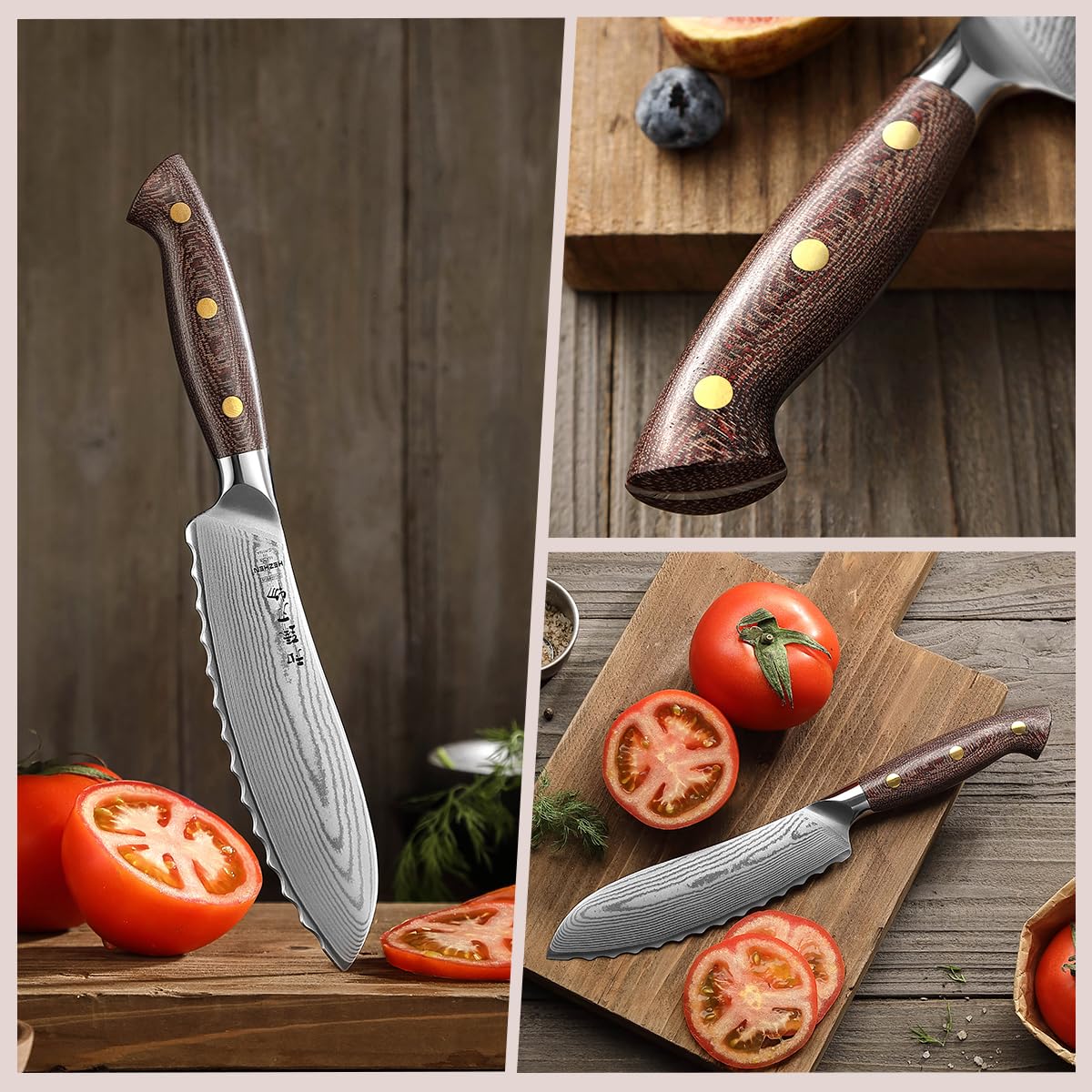 HEZHEN Profi Tomatenmesser Damast, Wellenschliff Hartstahl Auberginenmesser, Scharfe Klinge Brotzeitmesser, Frühstücksmesser Full Tang Micarta Griff