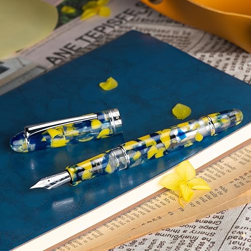 Miniatura 8 de Asvine P50 - Pluma estilográfica de pistón de resina de mármol amarillo, punta extra fina con borde plateado, colección de escritor suave con