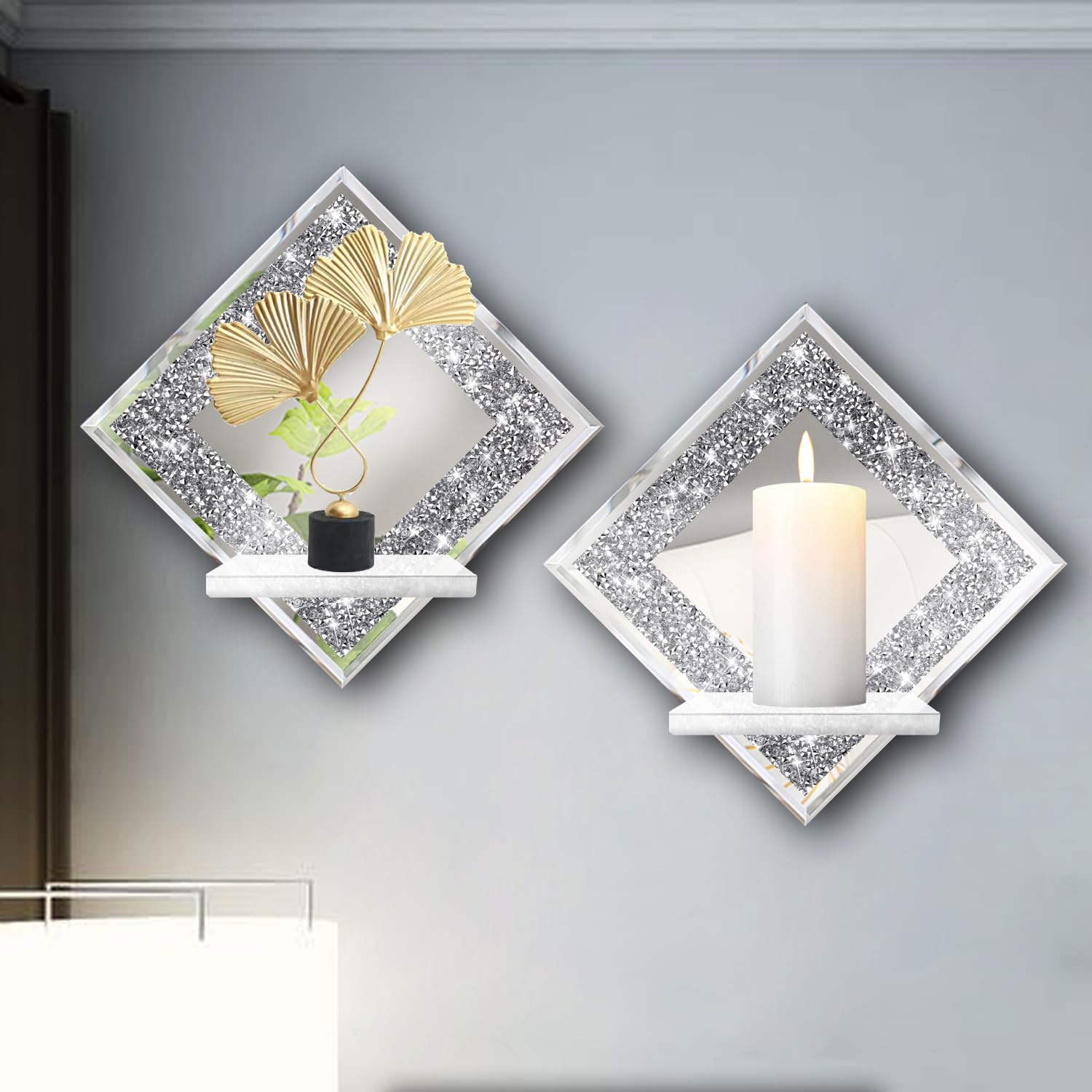 ZOLAPI Kristall-Crush-Diamant-Kerzenhalter im 2er-Set, Diamant, Silber, verspiegelte Kerzenleuchter, Wanddekorationen für Wohnzimmer, Esszimmer und Schlafzimmer