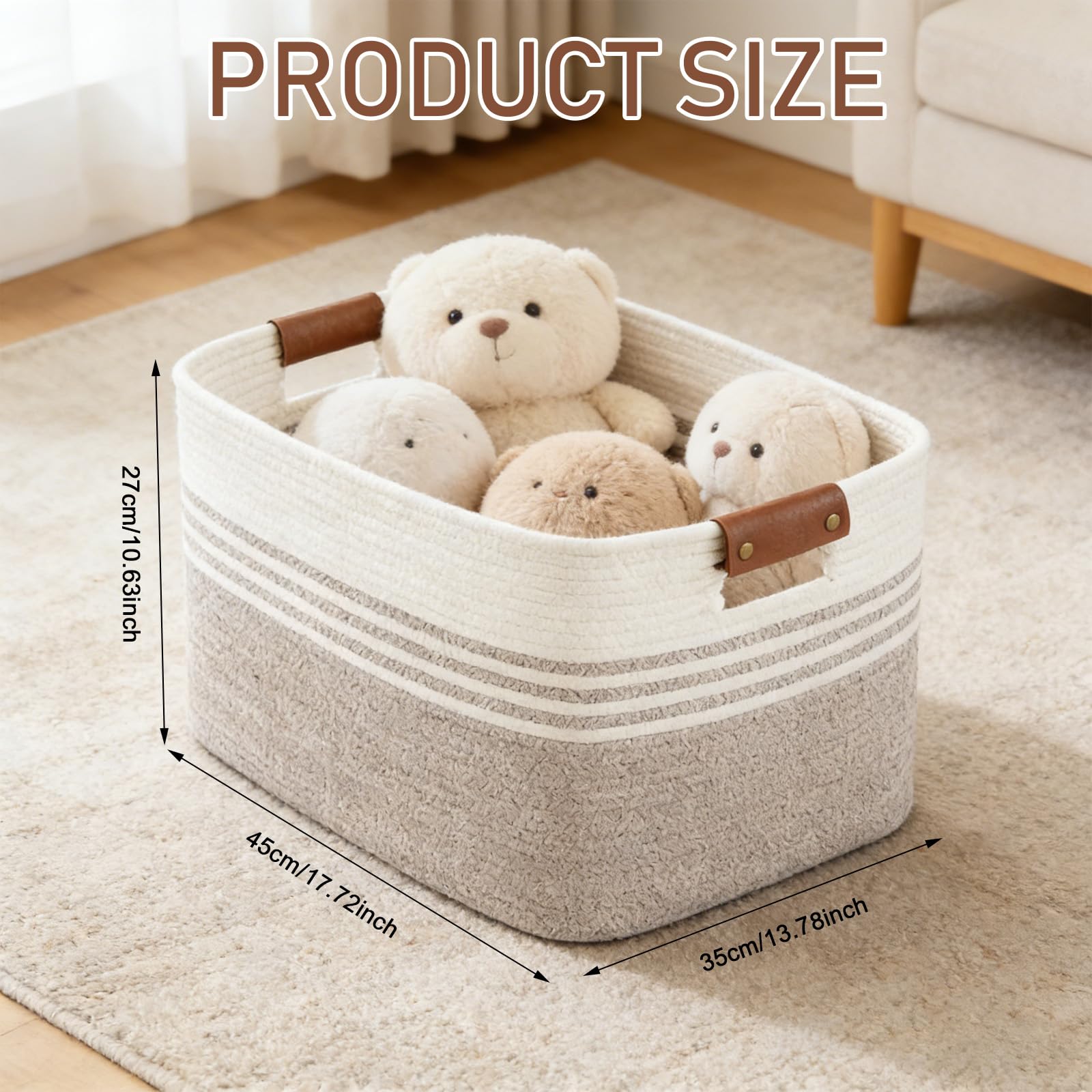 Cesto portabiancheria intrecciato piccolo in corda di cotone, 45 x 35 x 27 cm, con manici in pelle, cestino da 45 l, per cuscini, vestiti, peluche, biancheria/coperte (bianco e marrone)