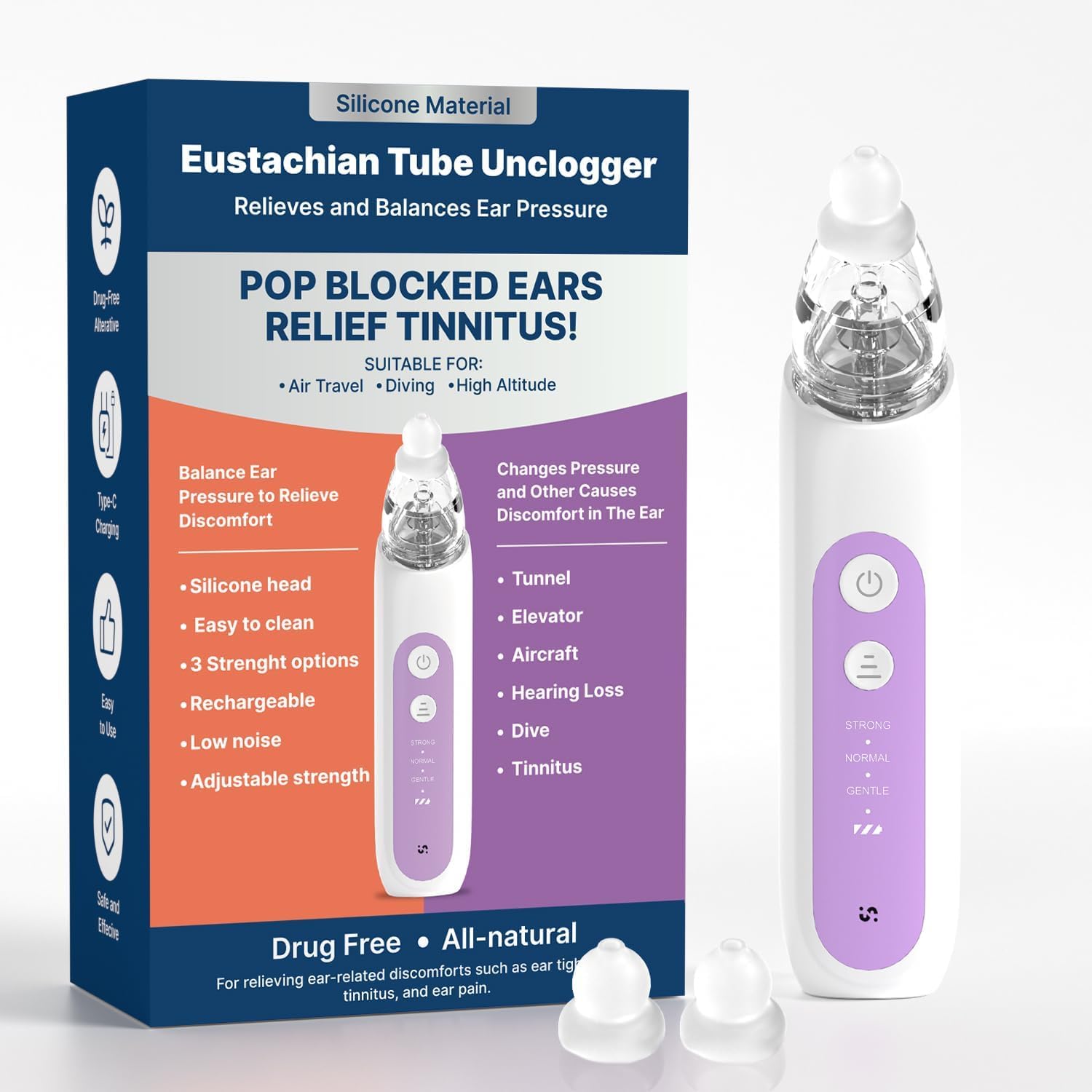 Eustachian Tube - Dispositivo portatile per alleviare la pressione dell'orecchio, per viaggi in aereo, cambiamenti di altitudine per immersioni, non invasivo, con 3 impostazioni regolabili, per