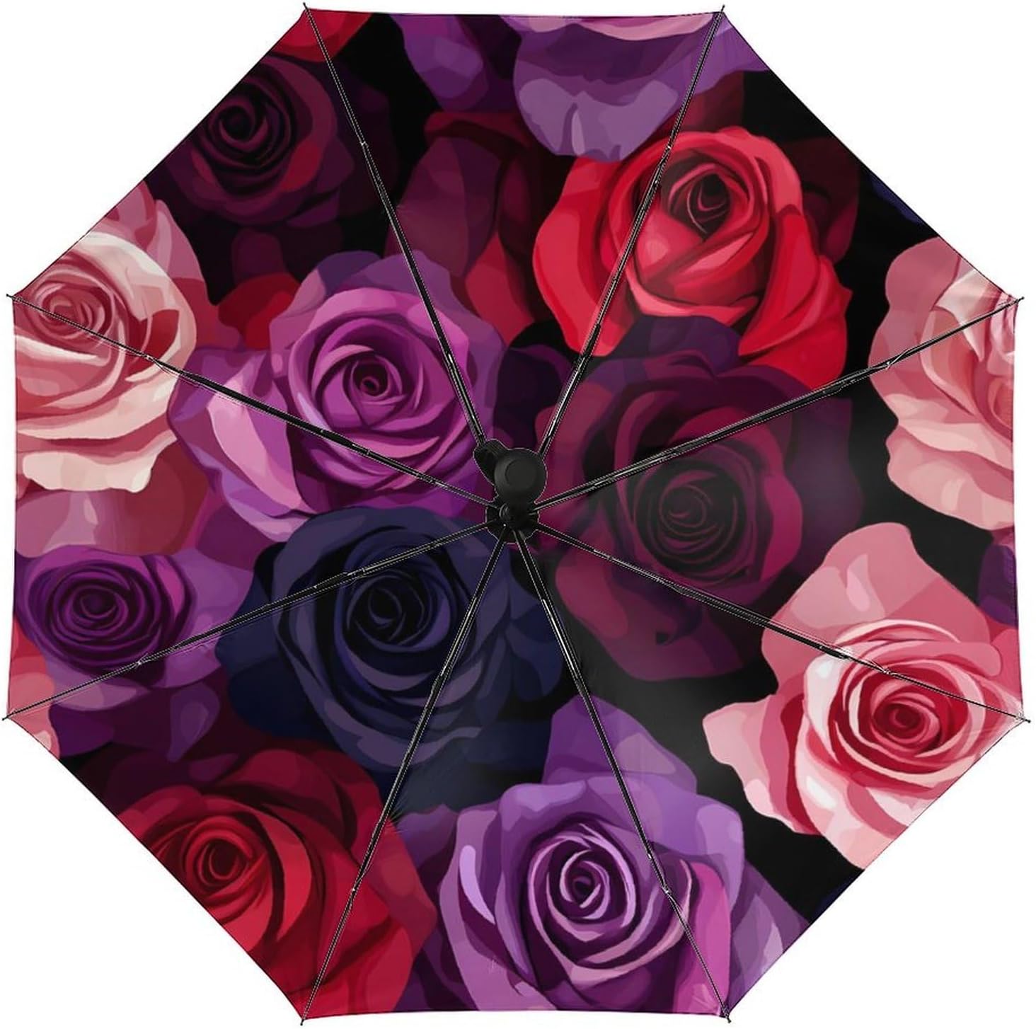 Rose Print Windproof Travel Umbrella Compact Portable Automatic Umbrella for Sun Rain