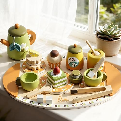 Miniatura 8 de Timber Lulu - Juego de té para niños pequeños de 3 a 5 años, juego de comida de madera para niños, juego de simulación de fiesta de té del bosque