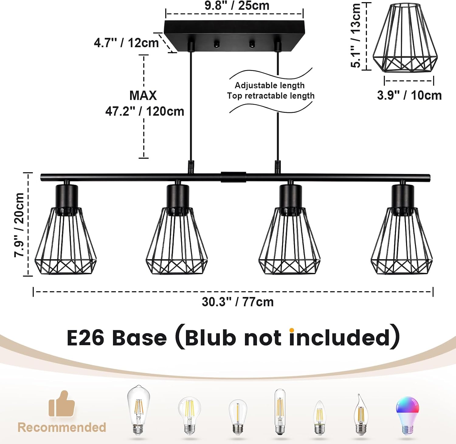 LTBLIGHT 4-Light Kitchen Island Lighting,30in Black Farmhouse Chandelier | Dining Room Light Fixture over Table, Industrial Linear Pendant with Adjustable Cords, Metal Cage Lampshades, E26 Base
