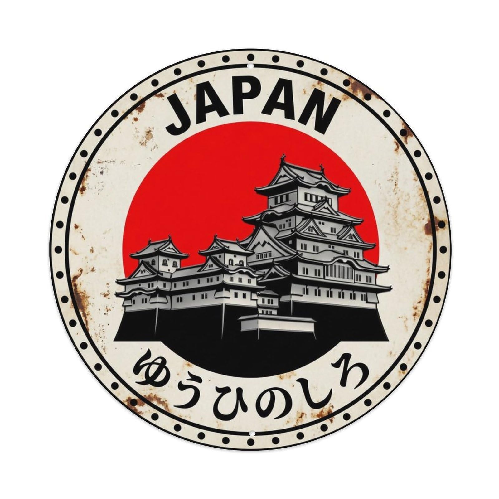 Sunset Castle Japan Fortress Building Rustic Metal Tin Sign