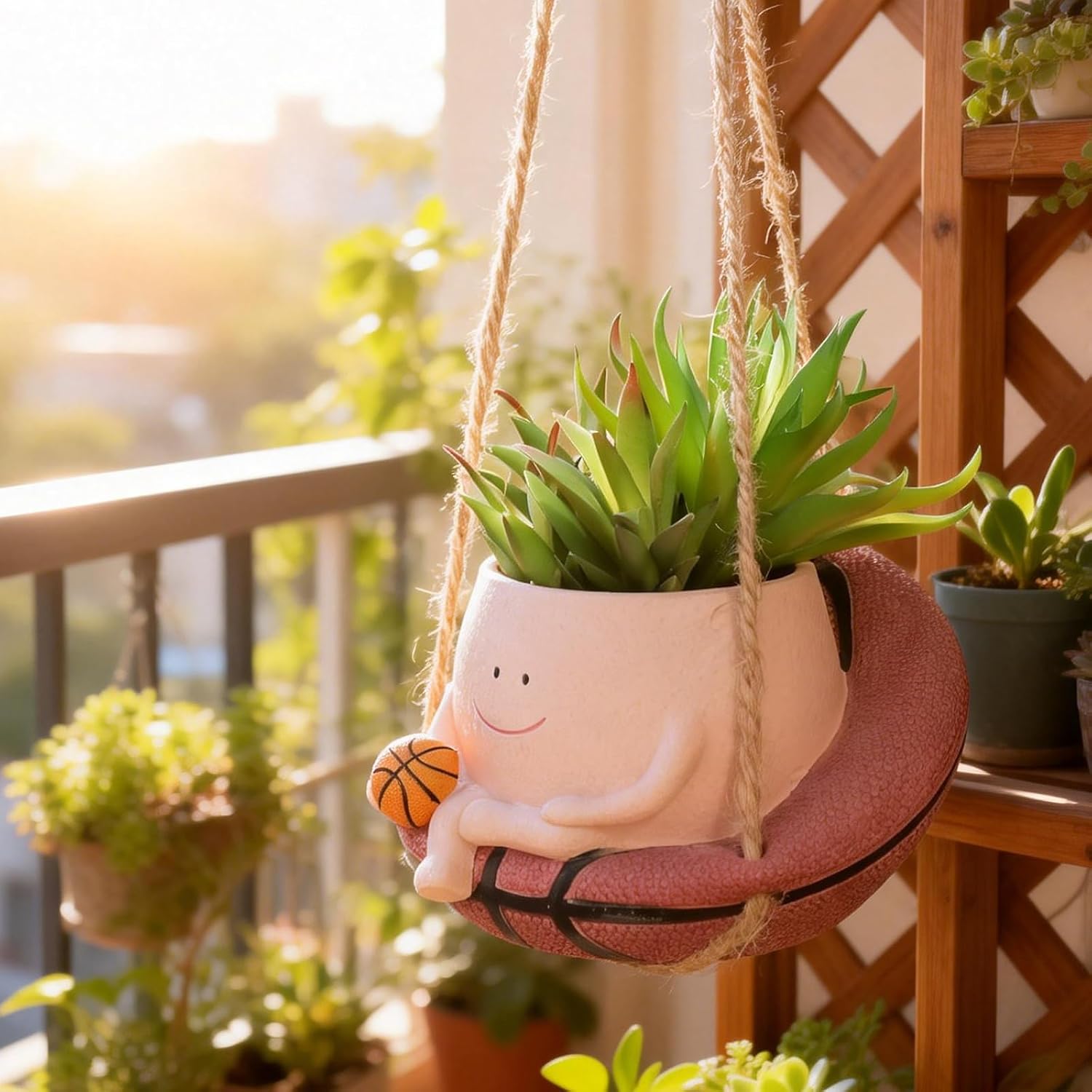 NINIPAPA Face Planter Smiley Cute Hanging Flower Pots with Drainage Hole, Funny Whimsical Plant Pot for Indoor Outdoor Garden Small Succulent Decor Unique Basketball Lover Gifts