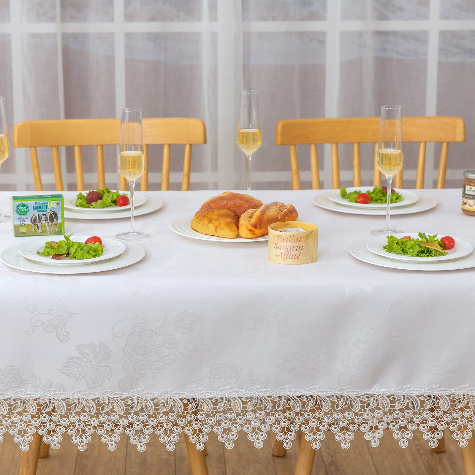 Weißer Spitzen-Tischläufer, rechteckig, wasserdicht, öldicht, auslaufsicher, schrumpffrei, weich, knitterfrei, dekorativer Stoff, Tischdecke, Küche, Esszimmer, Party, Hochzeitsbankett