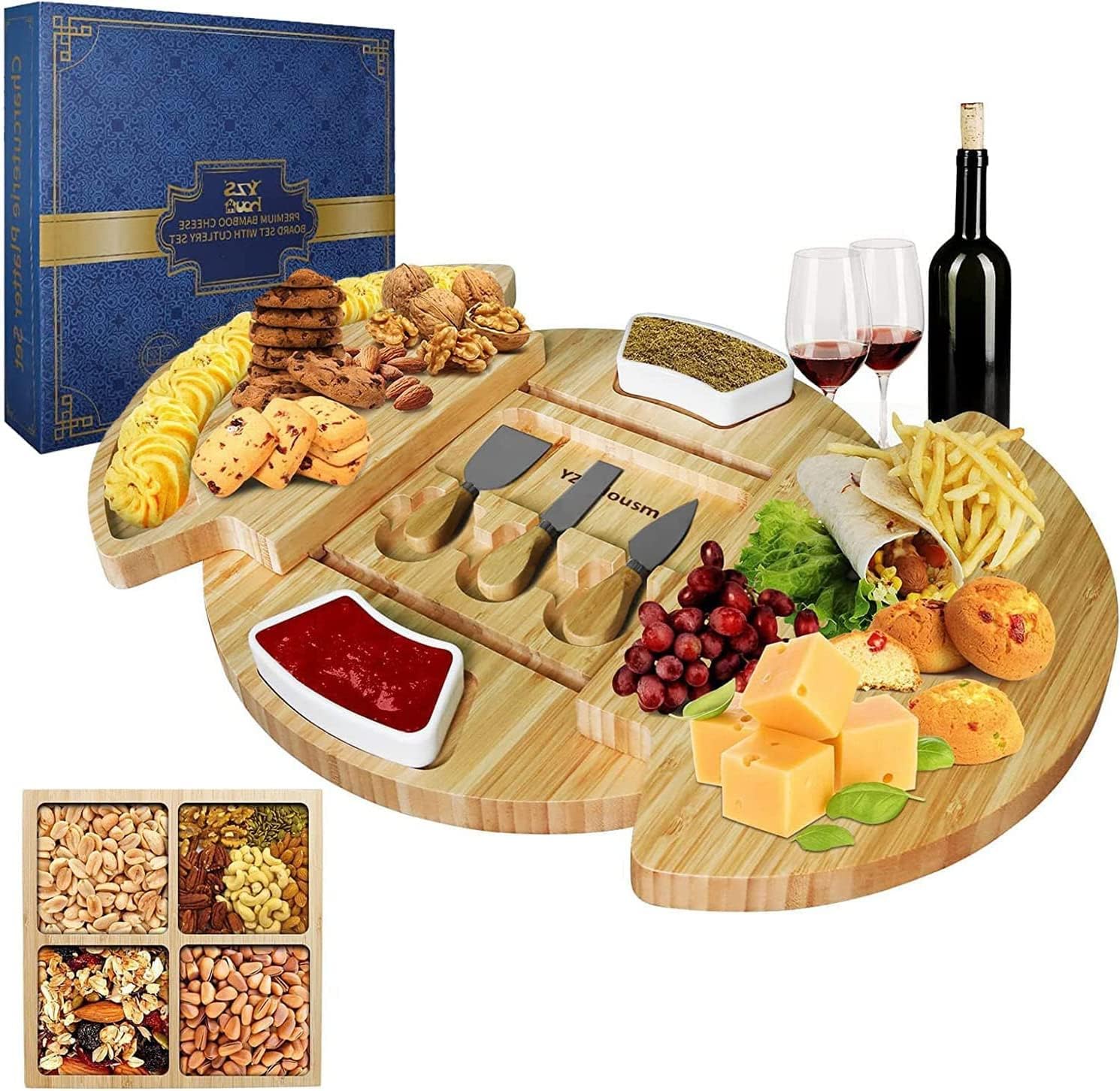 Louis Donné Bamboo Cheese Board and Knife Set, 100% Organic Wood Drawer Platter Charcuterie Tray, Large Thick Cheese board and knife set for Birthday/Wedding Housewarming Gifts Cheese Fruit