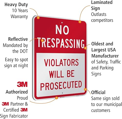 Miniatura 4 de SmartSign Letrero con texto en inglés "No Trespassing, Violators Will Be Prosecuted", aluminio reflectante de grado de ingeniero 3M de 18 x 24