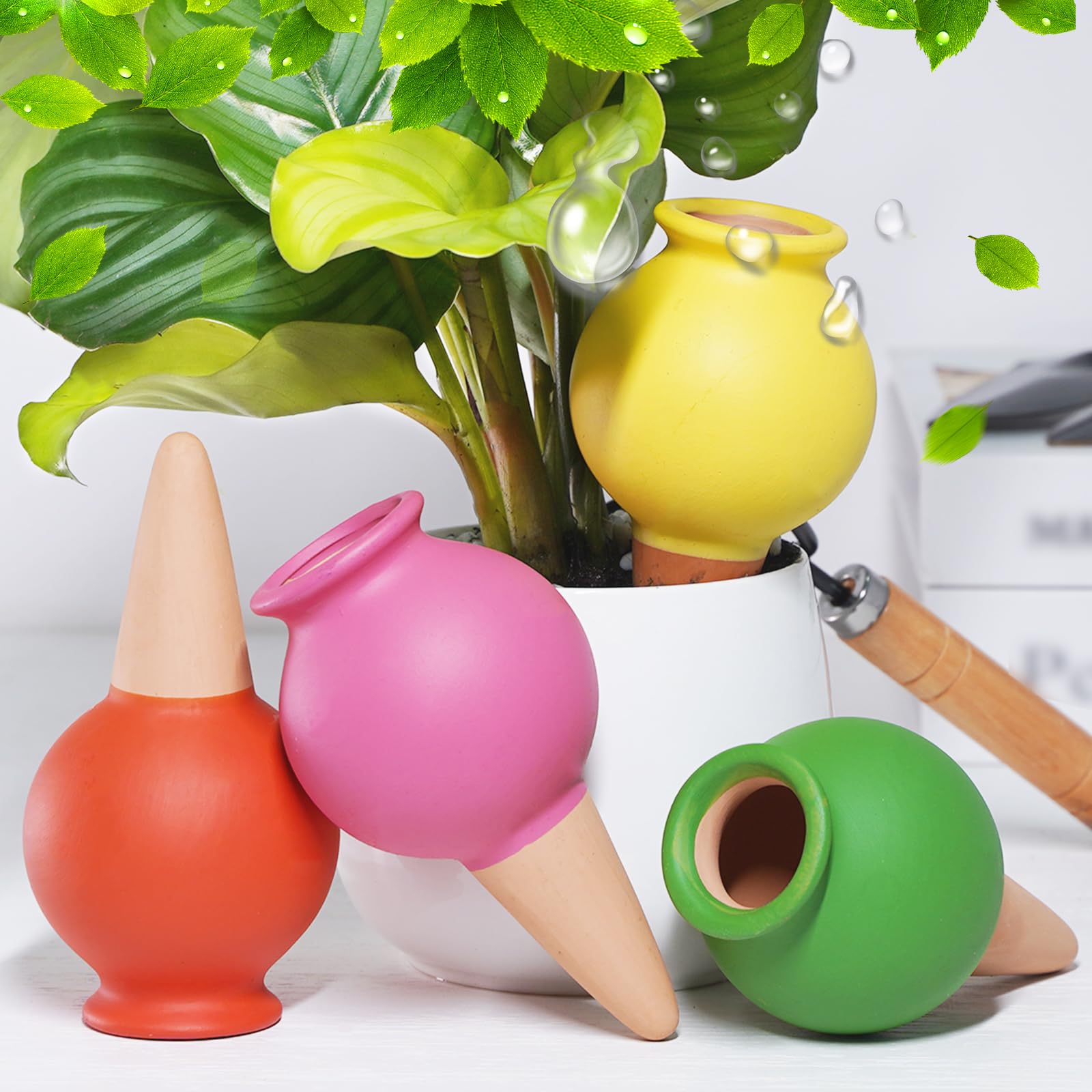 SUNGARDERY Terracotta Self Watering Spikes, 4 Pack Watering Bulbs for Indoor Outdoor Plants, Vacation Slow Release Plant Self Watering Planter Insert Devices, Colorful Water Globes While Away