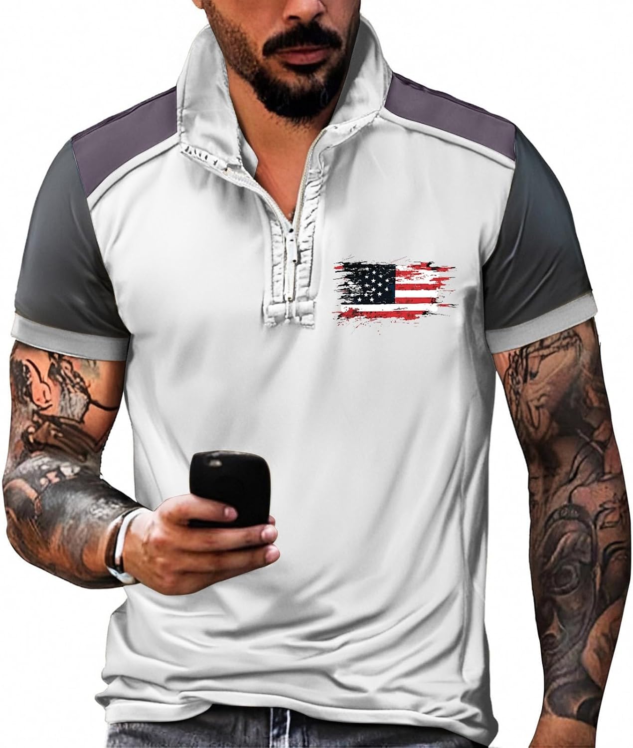 Ymosrh Men's Patriotic Polo Shirts Short Sleeve America Flag Print Retro USA Golf Shirt, S-2XL