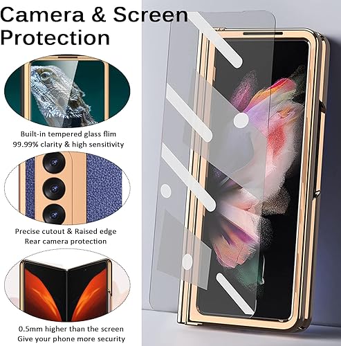 Miniatura 4 de Miimall Funda compatible con Samsung Galaxy Z Fold 3 con soporte para bolígrafo, patrón de cuero, protector de pantalla de vidrio templado+bisagra