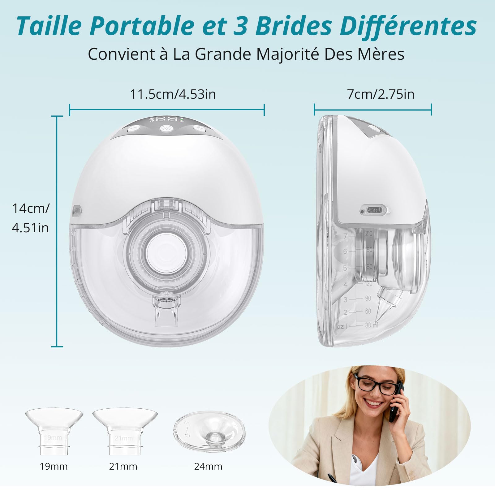Tire-Lait Électrique Mains Libres, Portable et Silencieux, 4 Modes & 12 Niveaux d’Aspiration, Capacité 210 ml, Brides 19/21/24 mm, pour la Maison, le Travail et les Voyages (Blanc (2 Pièce))