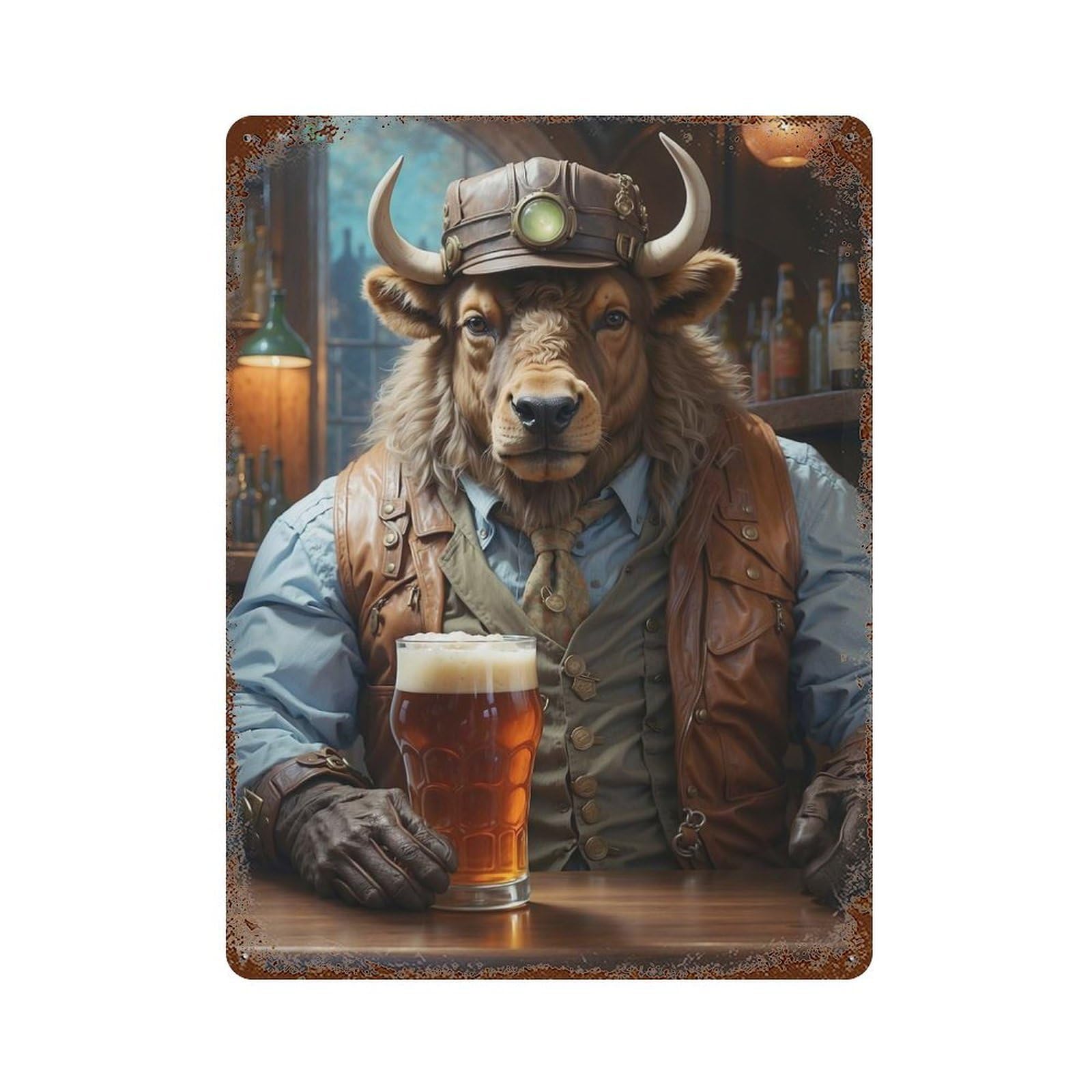 Rust Effect Steampunk Beer Buffalo Aged Metal Wall Plaque 15.7"x11.8", Shabby Chic Decor for Living Room, Hallway And Home Decor