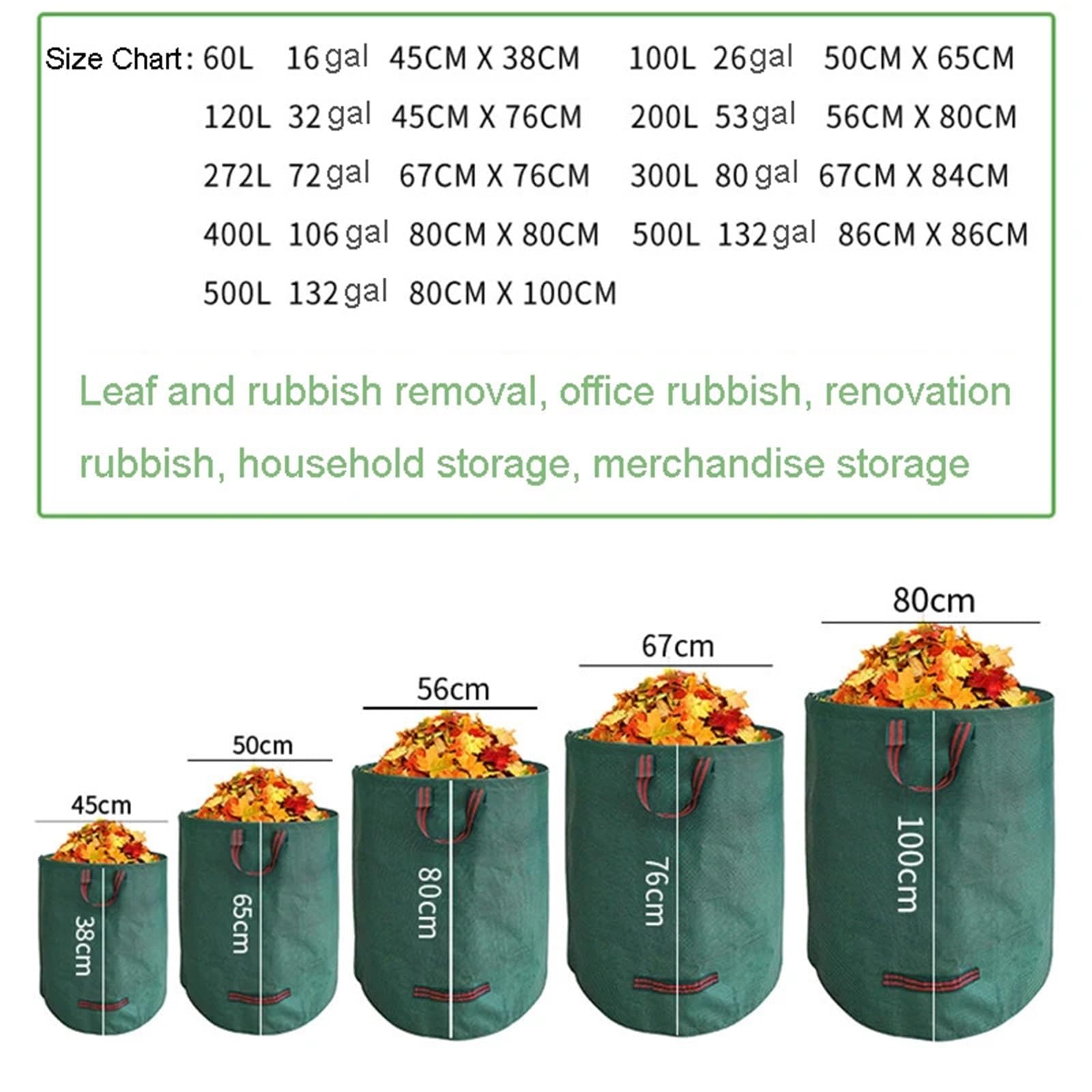 2 Stück Gartenlaubsack mit großer Kapazität, Aufbewahrungssack for Äste, Müllsack, Sammelsack for und Blätter, for die Landwirtschaft FüR Laub(500L 132gal 80x100cm)
