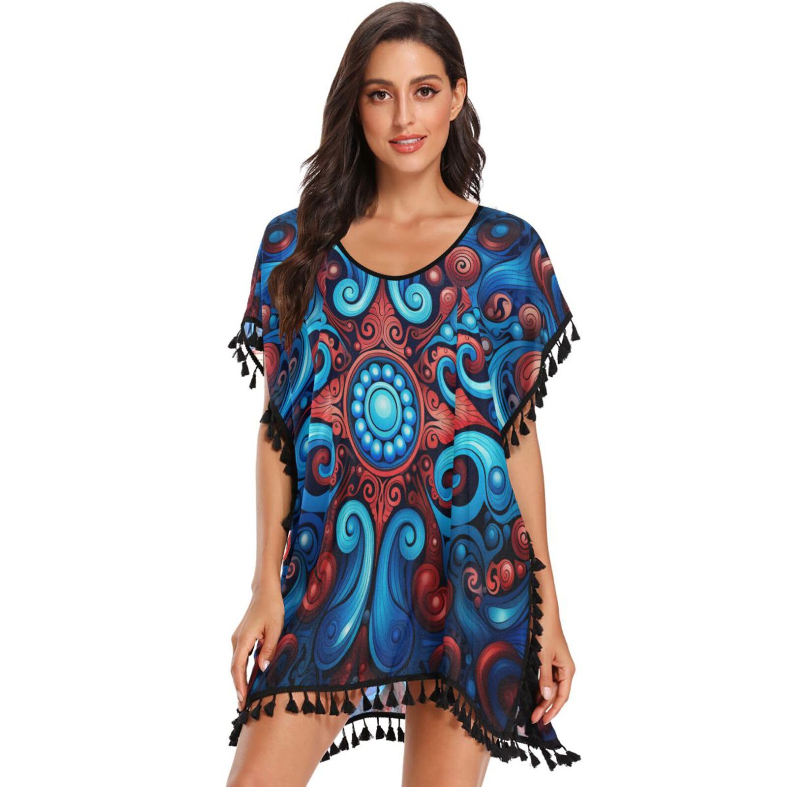 KAAVIYO Funny Octopus Abstract Blue Women's Beach Cover Up Chiffon Tassel Swimwear Swimsuit Coverups for Girl