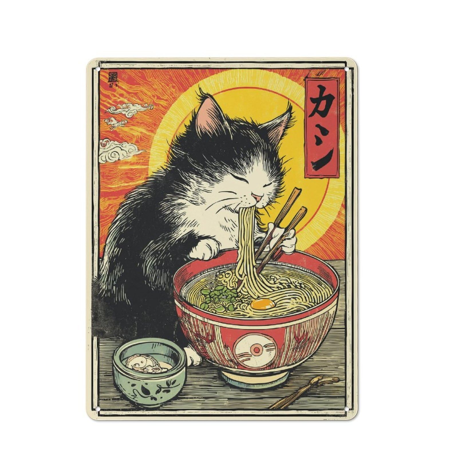 Junmoney Kitty's Noodle Feast Industrial Tin Sign 40X30cm, Garage Wall Decor For Garage, Hobby Room, Office Or Man Cave