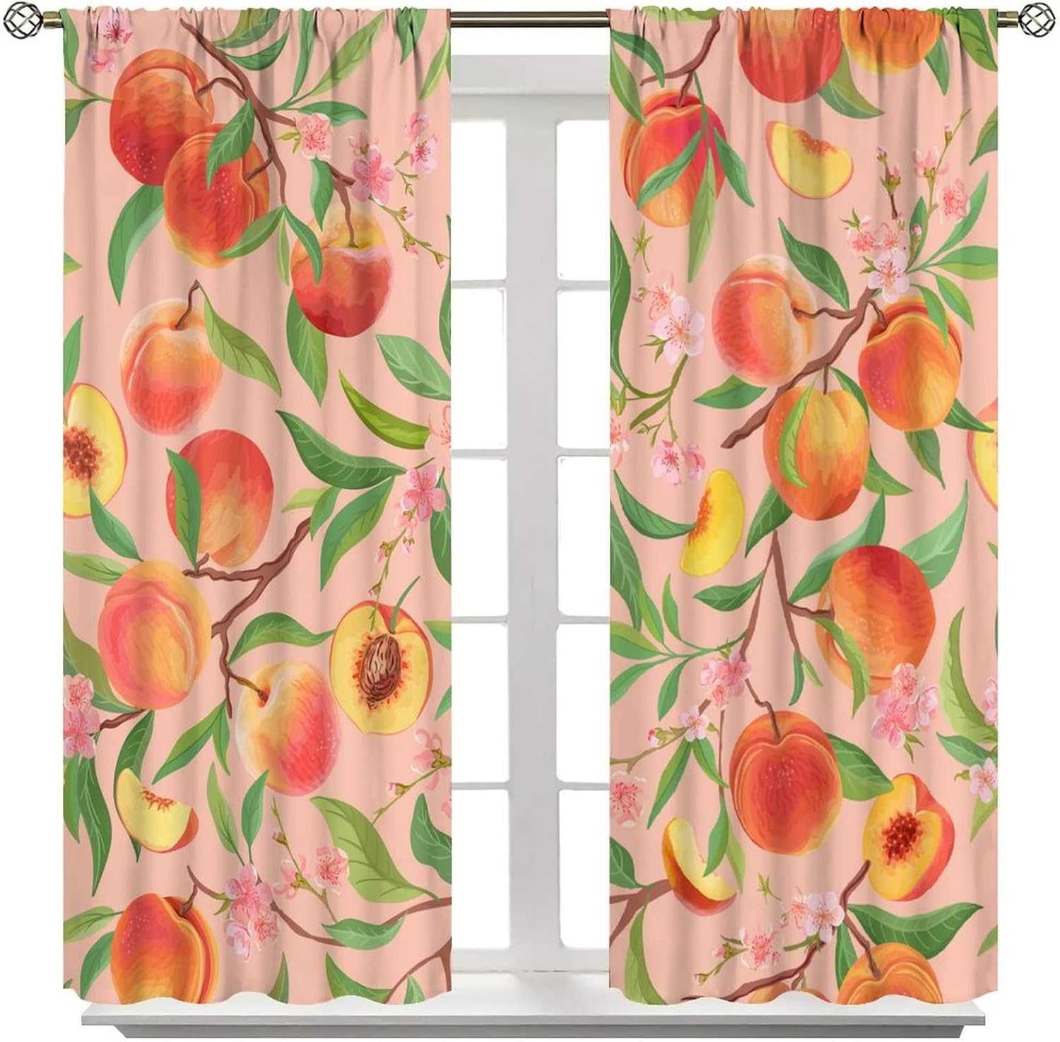 Fruit Blackout Curtains Pink Cute Peach Green Leaves Flower Retro Art Print for Girl Bedroom Kitchen Decor Rod Pocket Window Drapes 2 Panels 42x45in