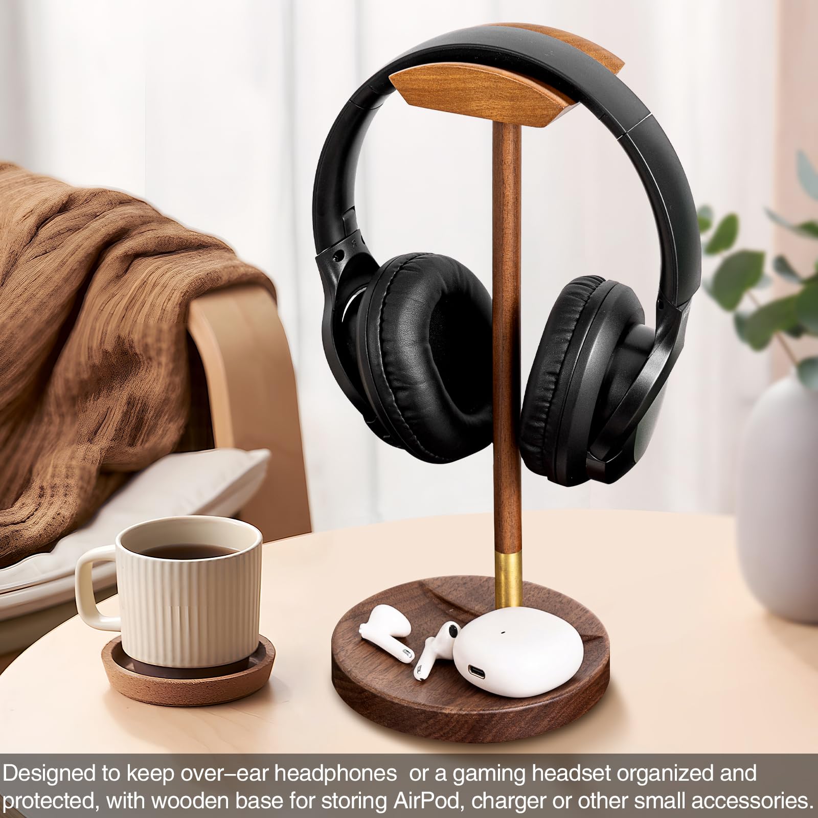 Support de Casque pour Bureau, Support de Casque de Jeu en Bois Massif, Support Universel en Bois avec Base de Rangement pour Airpod Max et Plus Encore