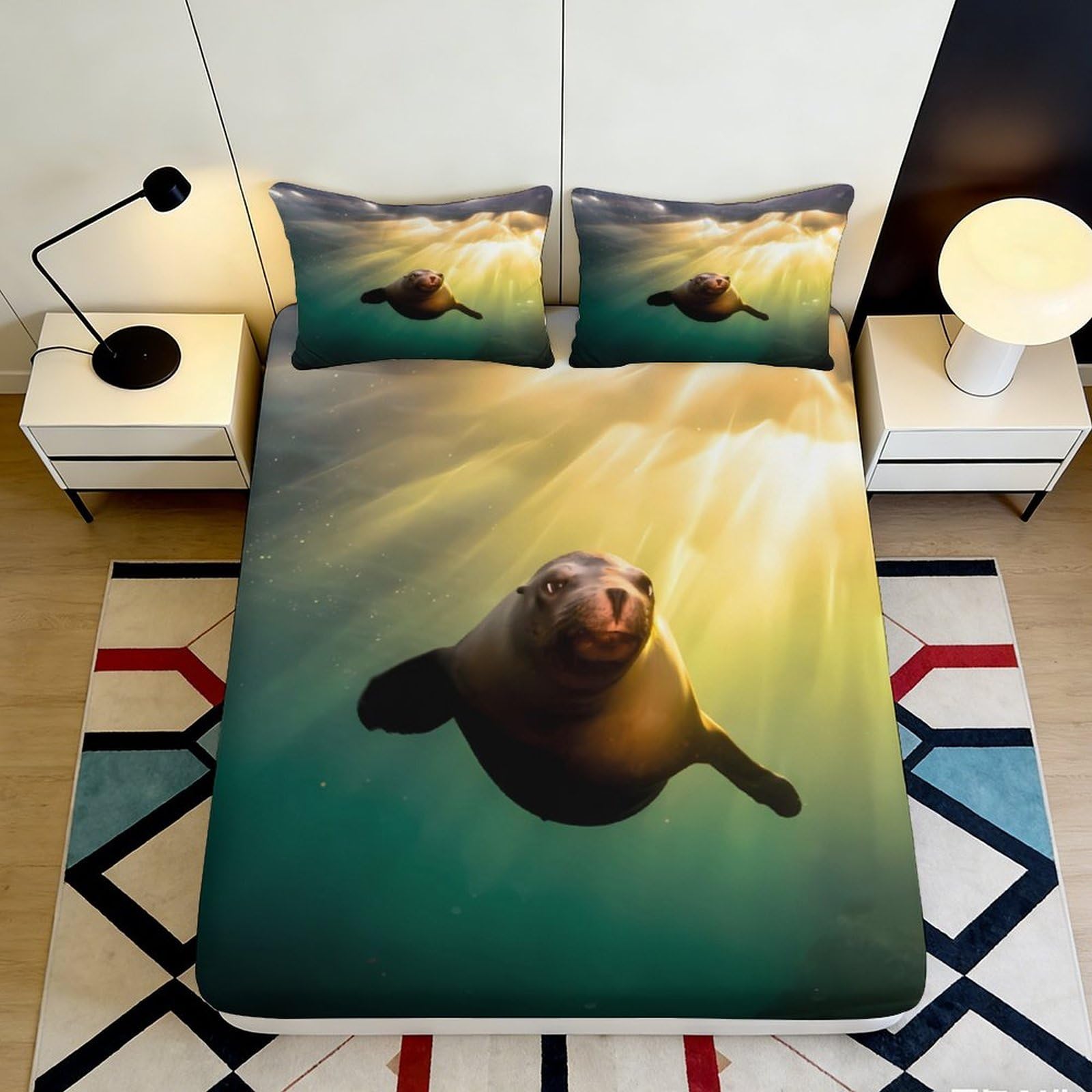 3D Printed Sea Lion Ocean Fitted Sheet Microfiber Soft Breathable Sunlight Waves Mattress Cover for Bedroom 90x200x25cm