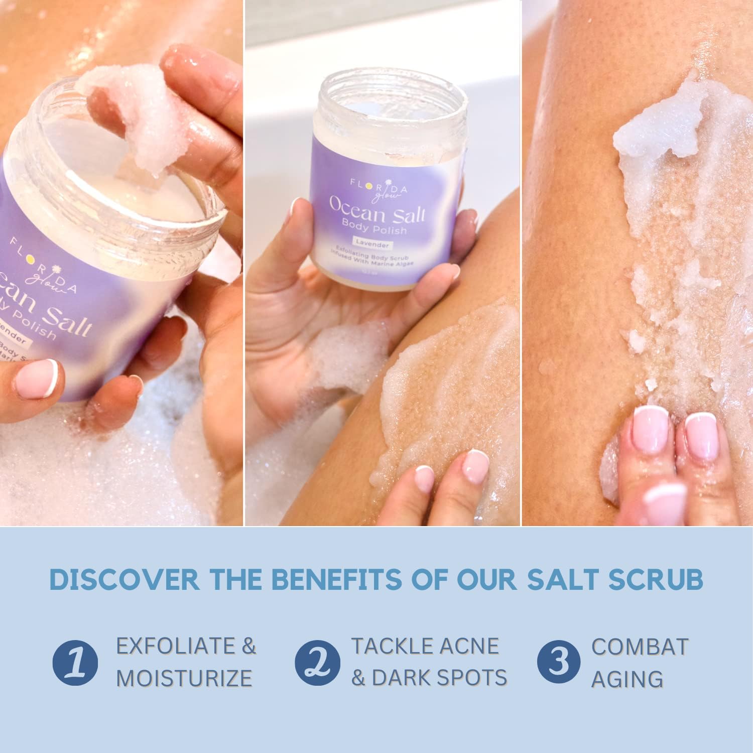 Sea Salt Body Scrub by Florida Suncare - Ocean Salt Body Polish Infused with Marine Algae - Exfoliating Face and Body Scrub - Facial Scrub Exfoliator to Tackle Acne and Scars (Coconut, 12.1 oz)