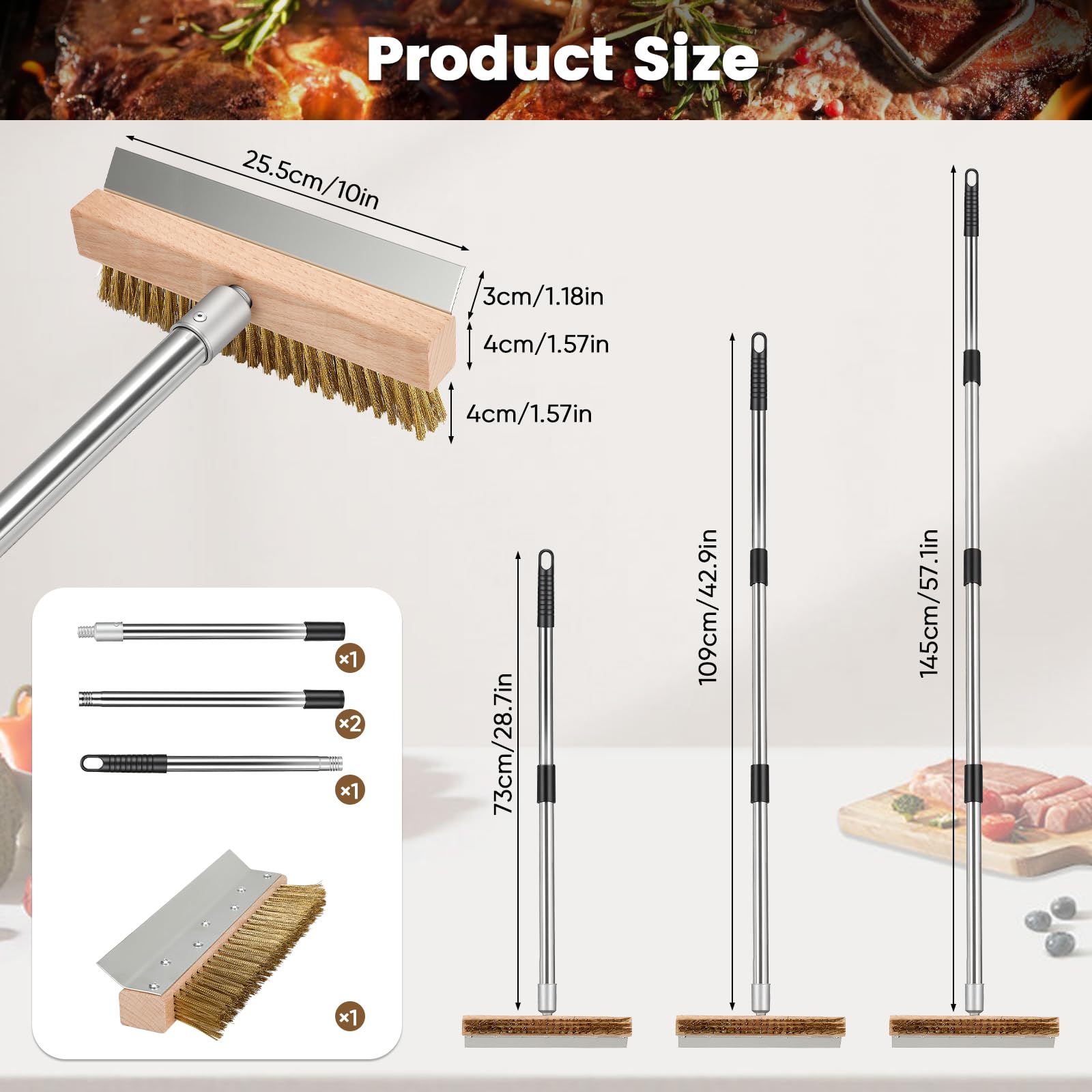Spazzola forno pizza 2 in 1 con raschietto, manico regolabile 145 cm | spazzola per forno pizza in ottone da 25,5 cm per forno pizza a legna, barbecue, cucina, esterno e ristorazione