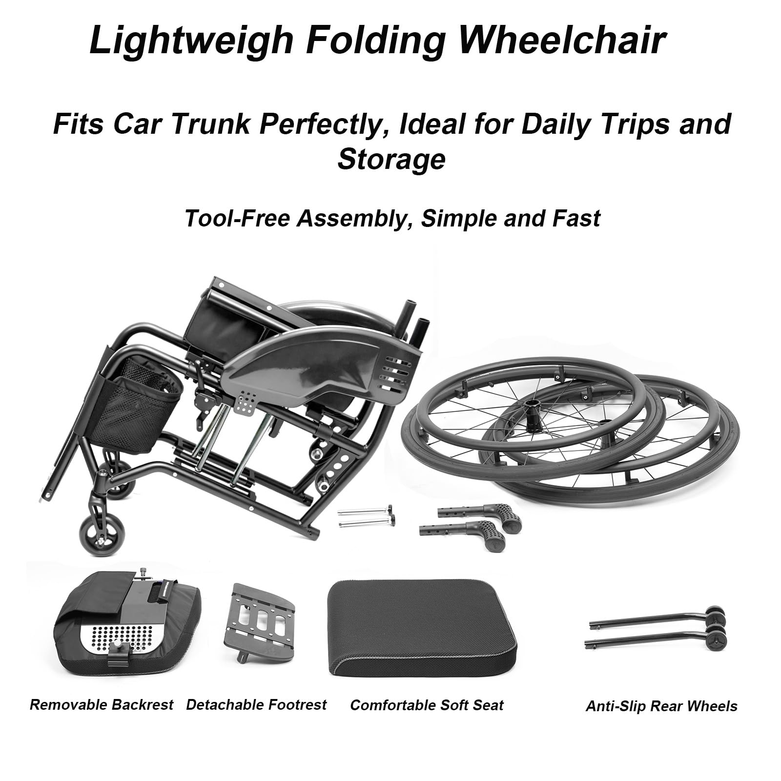 Silla de ruedas plegable aluminio,de aluminio para viajes,Autopropulsable | Ligera, for Adultos,Transporte, de tránsito, Reposapiés extraíbles,Frenos de mano, for Exterior(44cm/17.3in Seat)