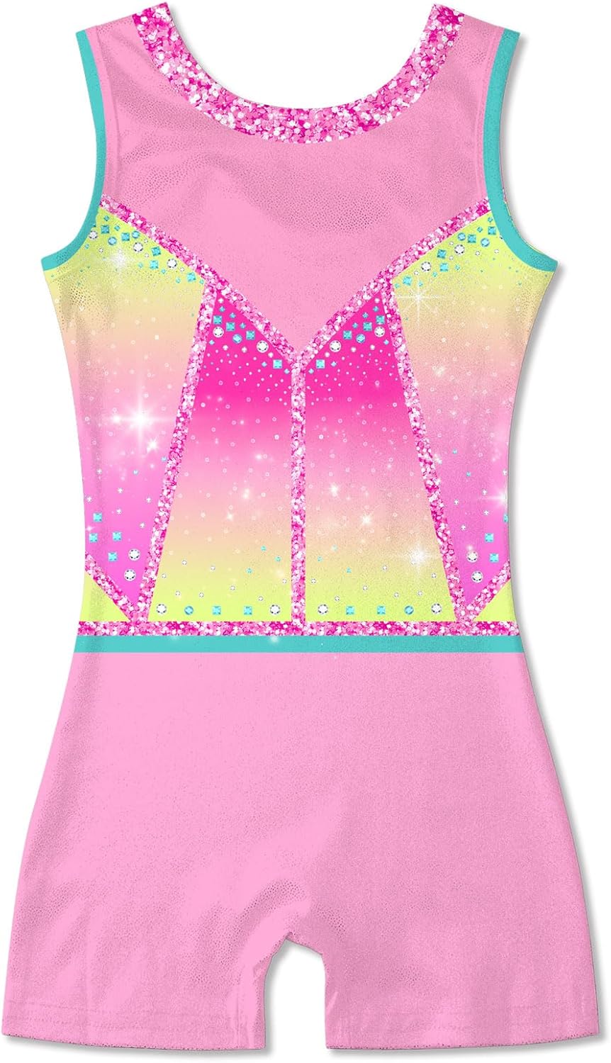 Funnycokid Girls Gymnastics Leotards with Shorts Sparkle Dance Unitards Mermaid Active Biketards 2-10 Years
