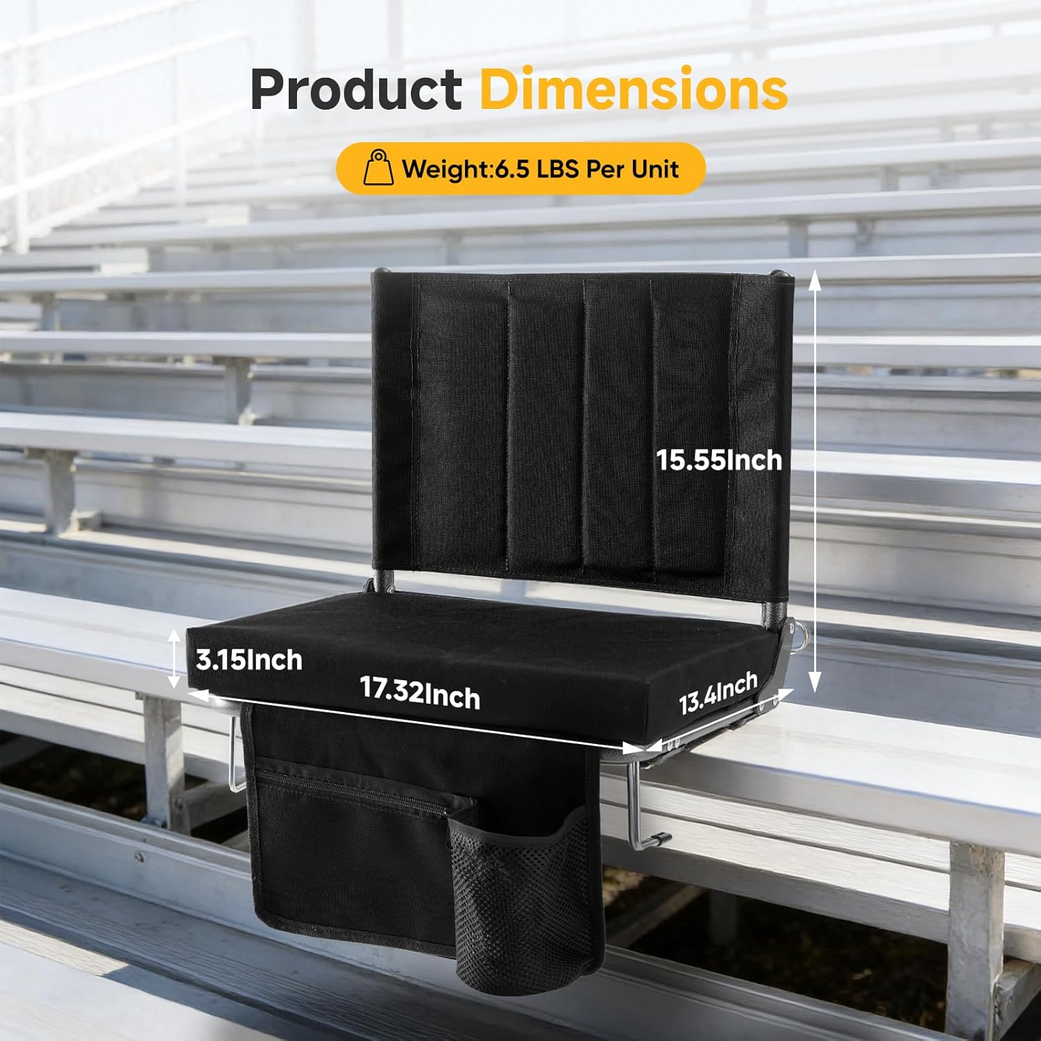 NEWBULIG 2 Pack Stadium Seats with 15.6" Back Support, Wide Bleacher Chairs with 3.15" Thick Padded, Portable Folding Lightweight Bleacher Seat with Hooks for Sports Events, Concerts, Camping, Black