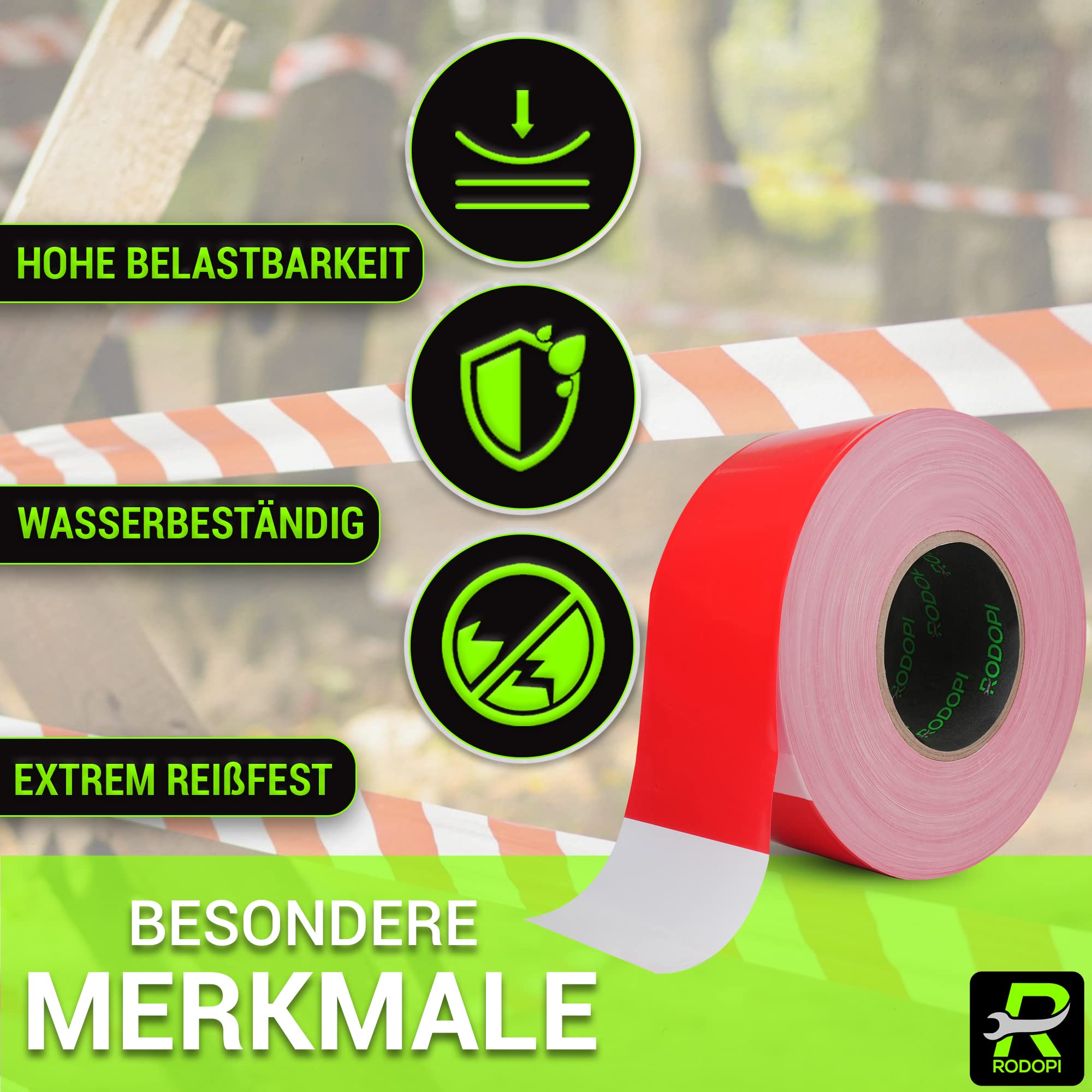 RODOPI Absperrband AreaGuard 500m x 75mm Flatterband rot weiß 50µm Warnband Reißfest Trassierband zum absperren von Baustellen Sperrband gestreift (4 Rollen (2000m))