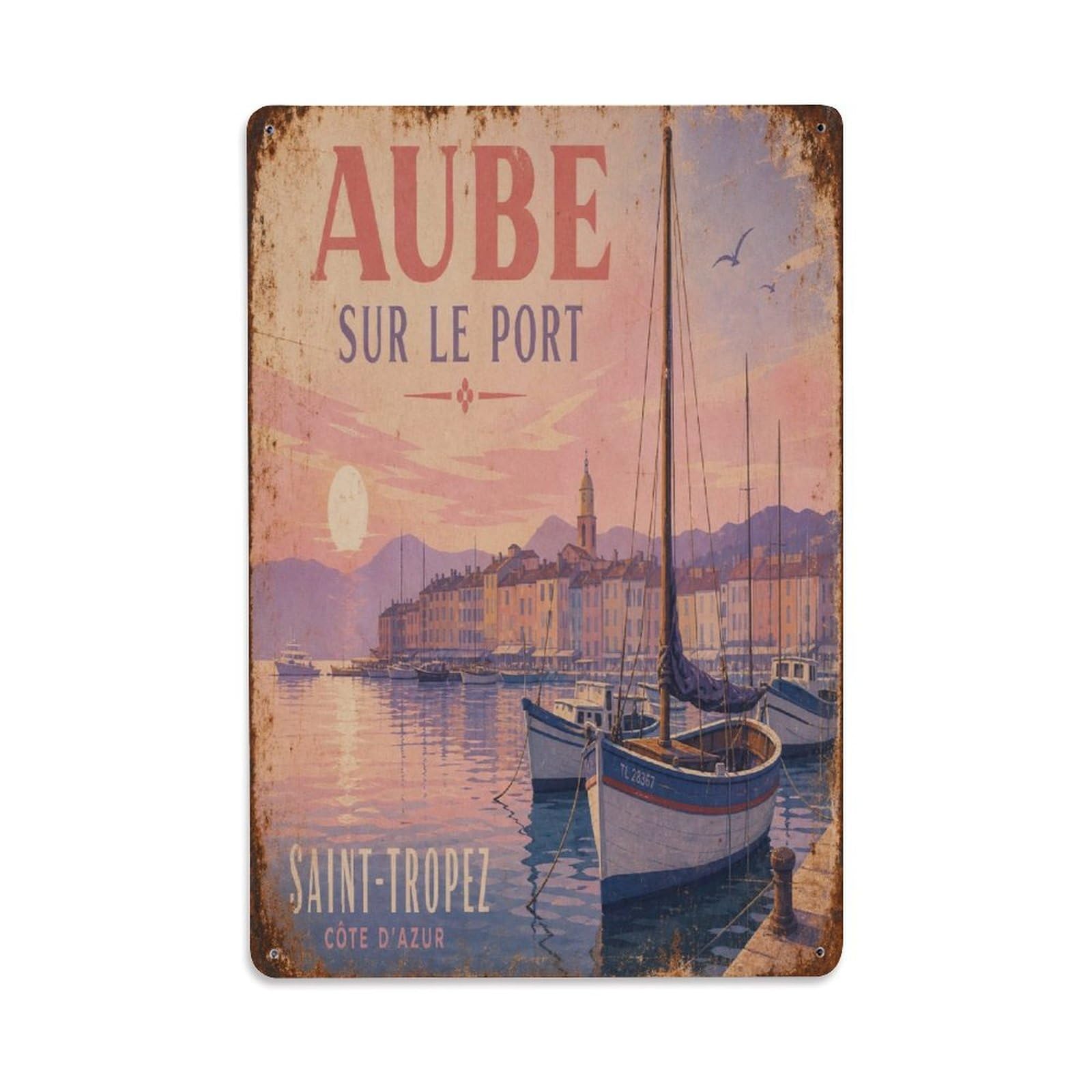 Vintage France Harbor Maritime Riviera Travel Metal Tin Sign Plaque Wall Decor for Cafe, Man Cave, Club Bar, Office, Home Garden Round Metal Poster 8x12Inch