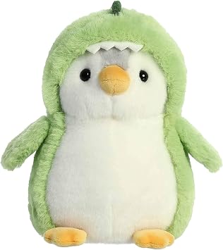 Aurora Playful Pompom PenguinTM Dino Stuffed Animal - Vibrant Companions for Warm Cuddles - Perfect for Adults, Kids, and Birthdays - Green 7 Inches