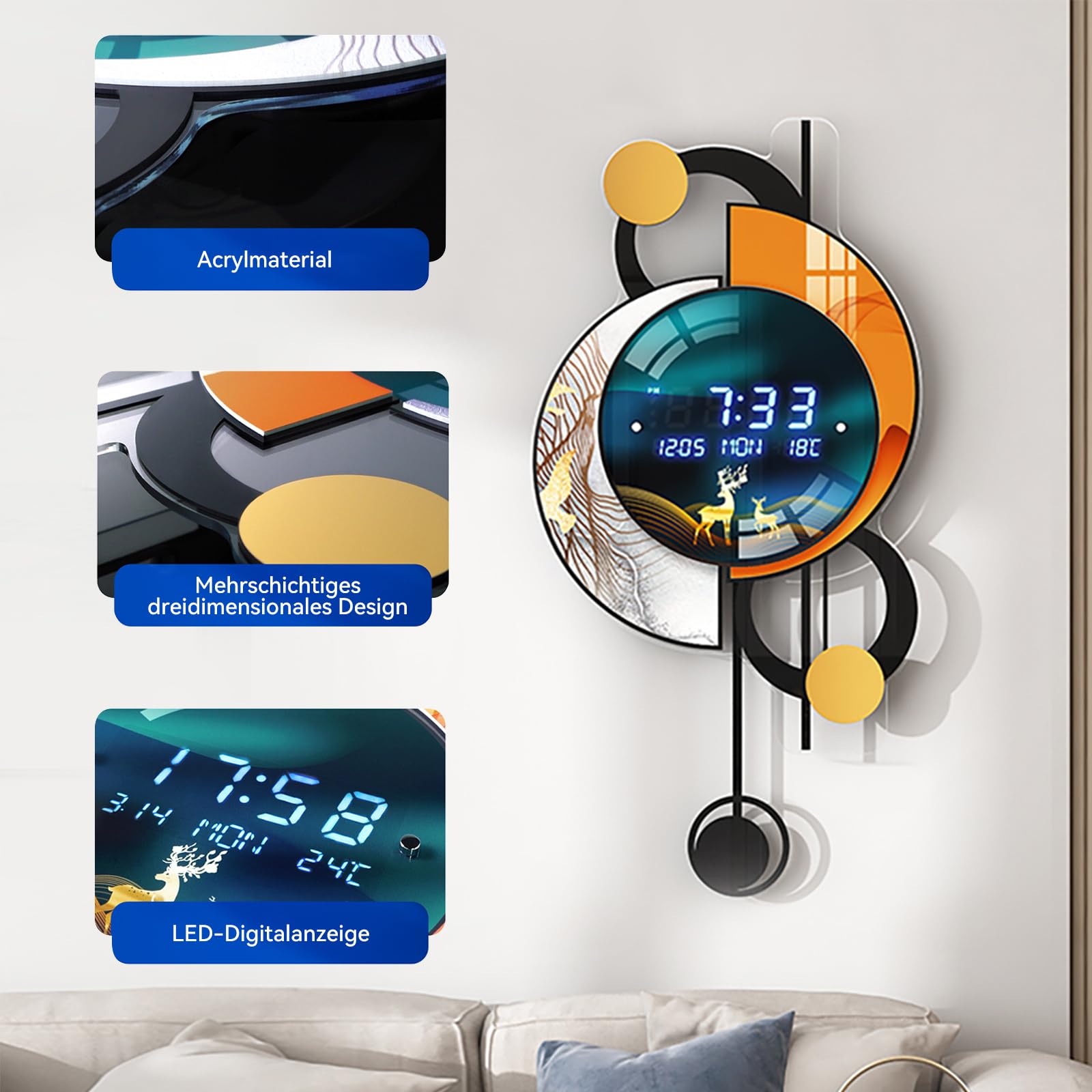 Homary 67 cm LED Wanduhr Modern Multifunktional – Sprachgesteuerte Wanduhr Modern Design mit Digitalanzeige, Temperatur, Datum und Alarmfunktion für Wohnzimmer, Büro, Schlafzimmer– Ideal als Wanddeko