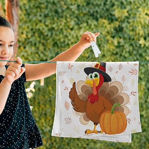 Miniatura 6 de Pfrewn Juego de 2 toallas de mano de pavo de Acción de Gracias para baño, divertido pájaro de dibujos animados con sombrero de peregrino, hojas de