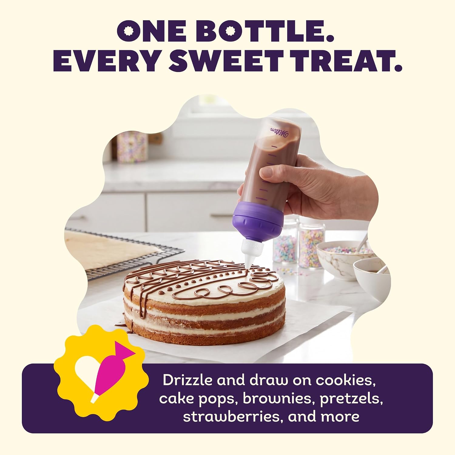 Wilton Candy Melts Melt-N-Decorate Bottle - Microwaveable Silicone Bottle for Candy Melts Decorating, Drizzling & Detailing Desserts - Includes Detailing Tip - 1 Count