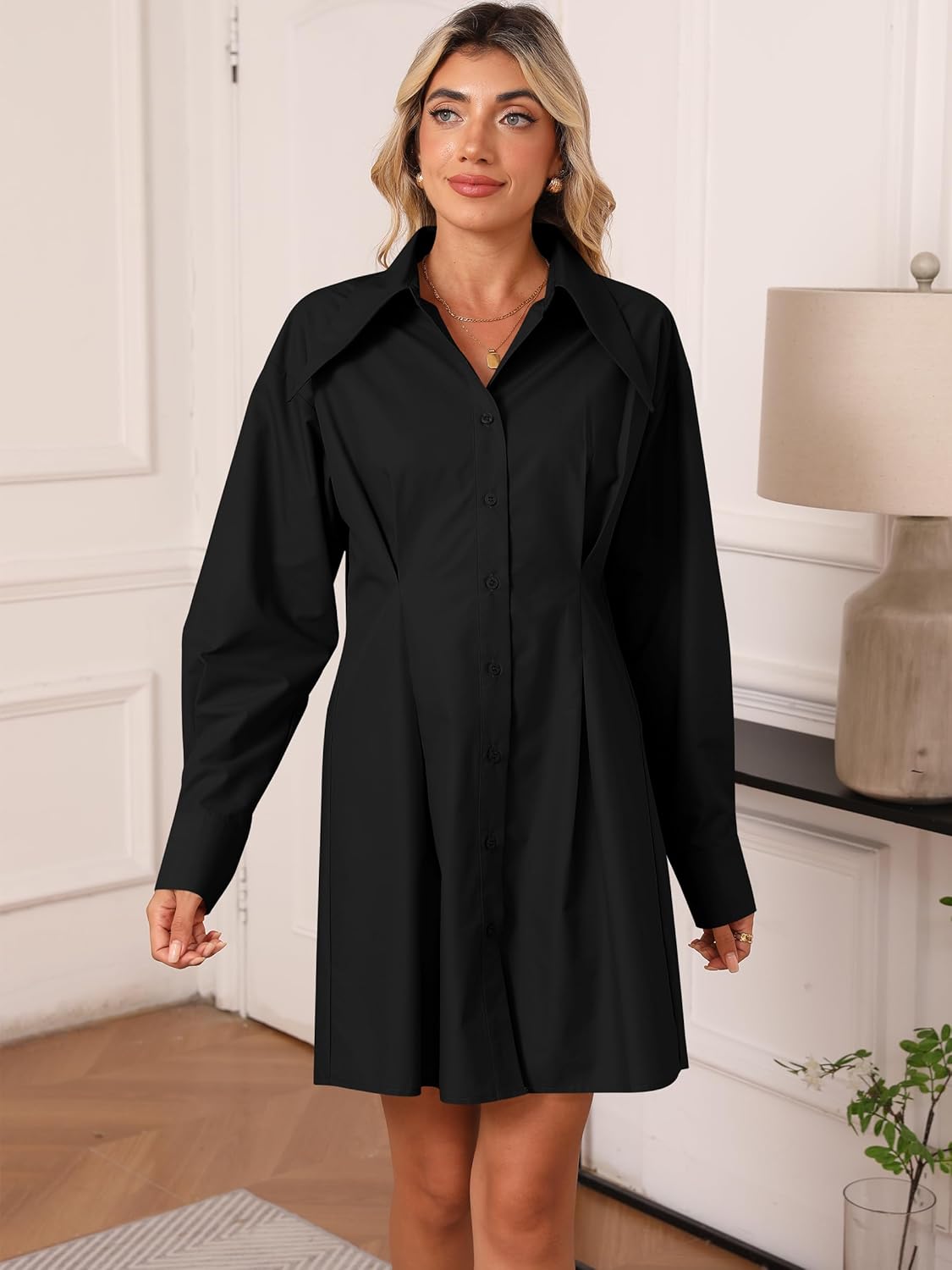 Womens Button Down Shirt Dresses Cotton Button Up Tunics Long Sleeve Solid High Low Blouse Waist Up Dress - Image 3