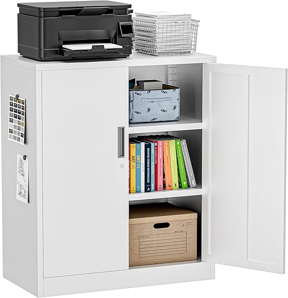 Metal Garage Storage Cabinets,36" Steel File Cabinet with 2 Adjustable Shelves, Lockable Storage Cabinets for Office, Home, Garage, Warehouse 36.2" H x 31.5" W x 15.7" D (White)