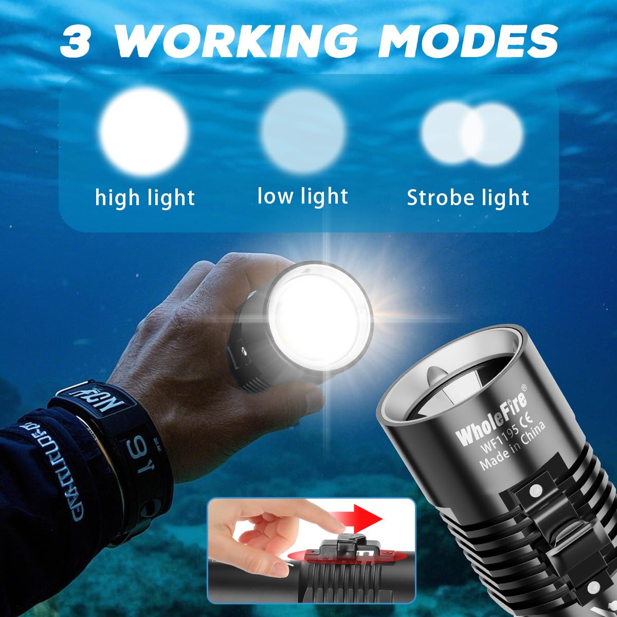 Torche de plongée, 8000 lumens, IPX8, étanche, 3 modes de torche sous-marine, rechargeable, équipement de plongée pour la natation