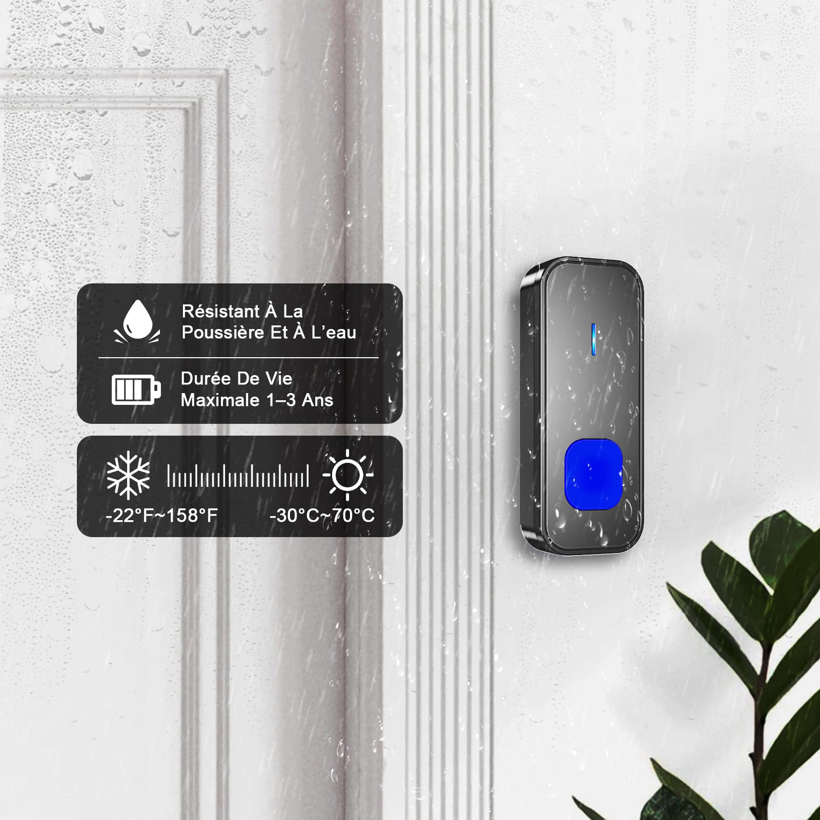 SURFOU Sonnette sans Fil, 400M Longue Portée Carillon et Sonnettes Electronique Kit avec 3 Récepteurs Exterieur Enfichables, 55 Mélodies au 5 Niveaux Volumes pour Maison, Indicateur LED Bleu, Noir
