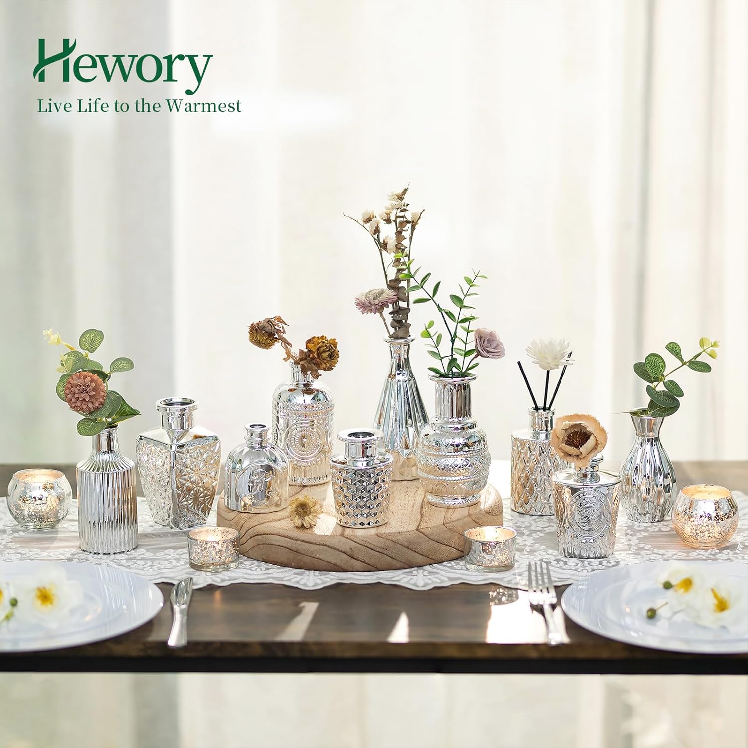 Hewory Silver Small Glass Vases for Centerpieces 10pcs Silver Bud Vase in Bulk, Mini Vintage Decorative Single Flower Vase for Wedding Birthday Party Baby Shower Home Living Room Table Decor
